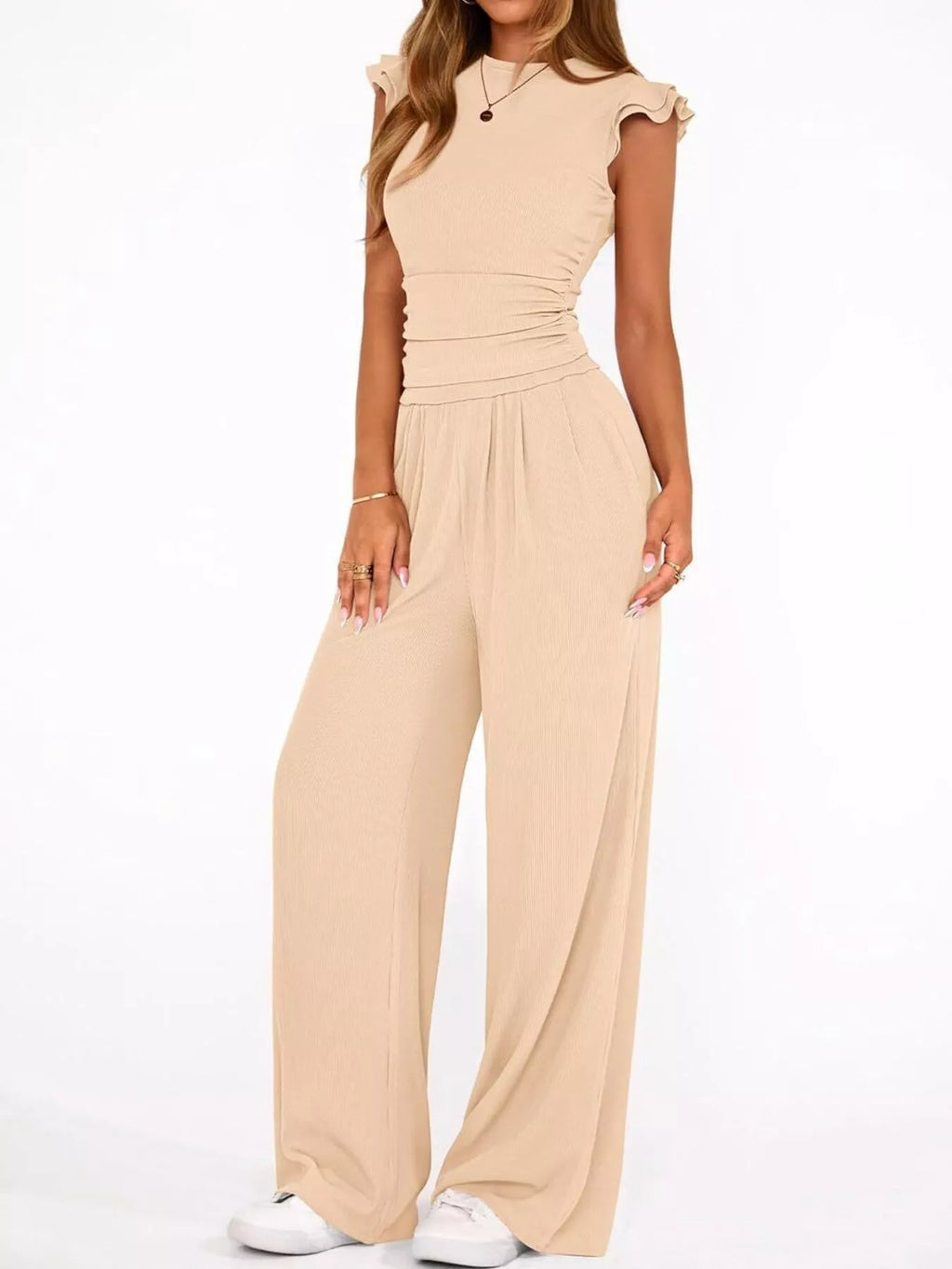 Ruffled Mock Neck Top and Wide Leg Pants Set