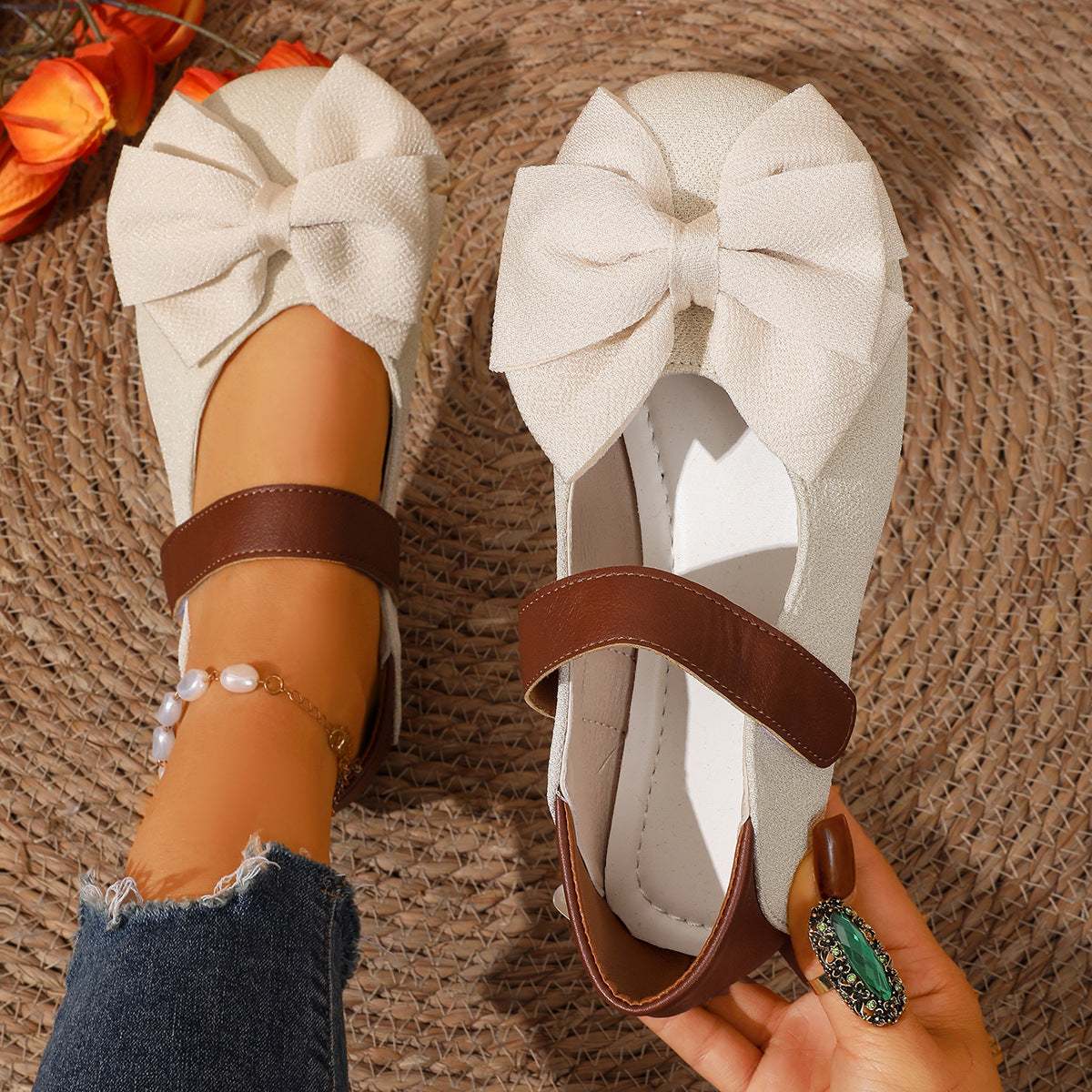 Bow Decor Round Toe Slip-Ons