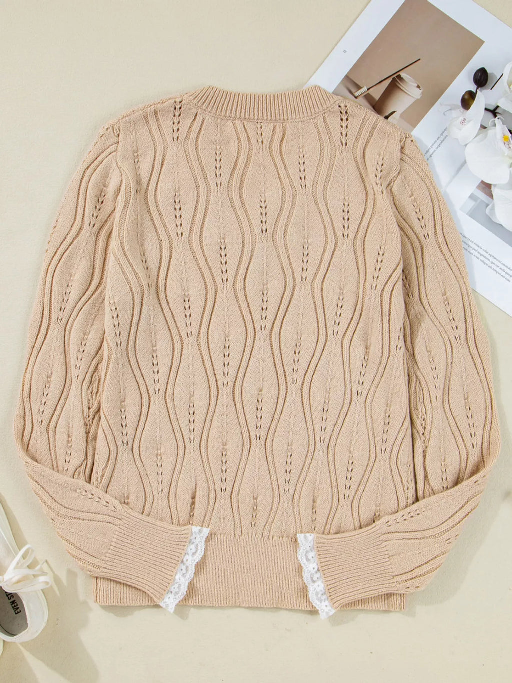 Pearl-Embellished V-Neck Pullover Sweater