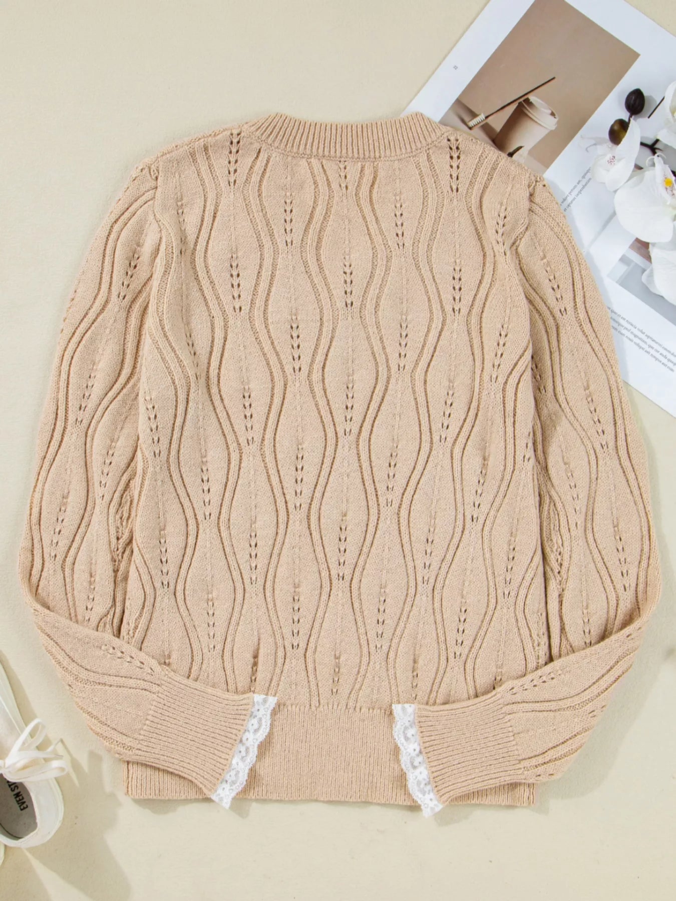 Pearl-Embellished V-Neck Pullover Sweater