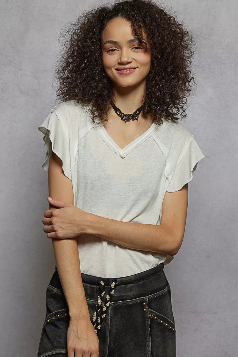 POL V-Neck Short Sleeve T-Shirt with Ruffle Sleeve