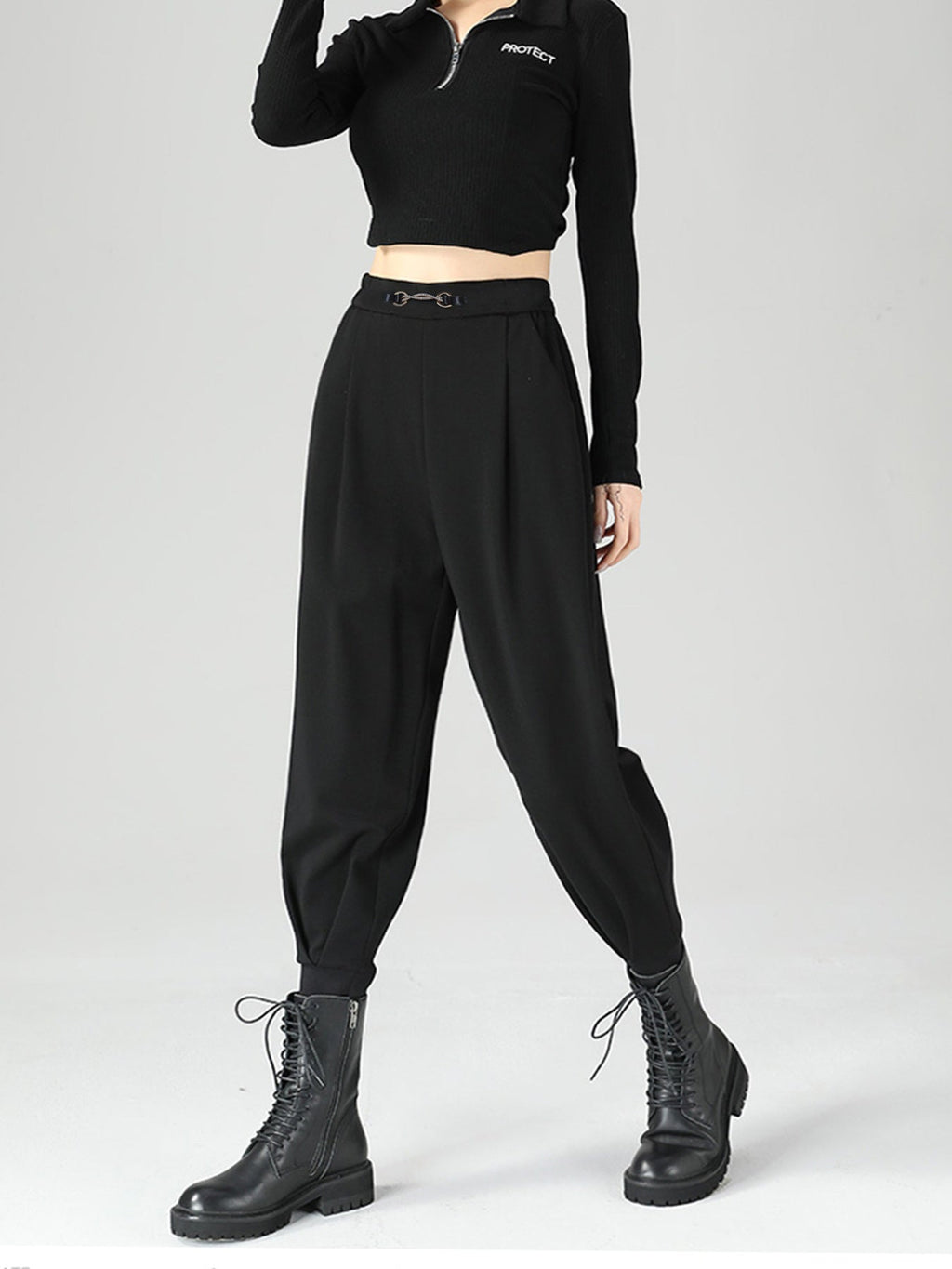 High-Waisted Buckle Detail Tapered Pants