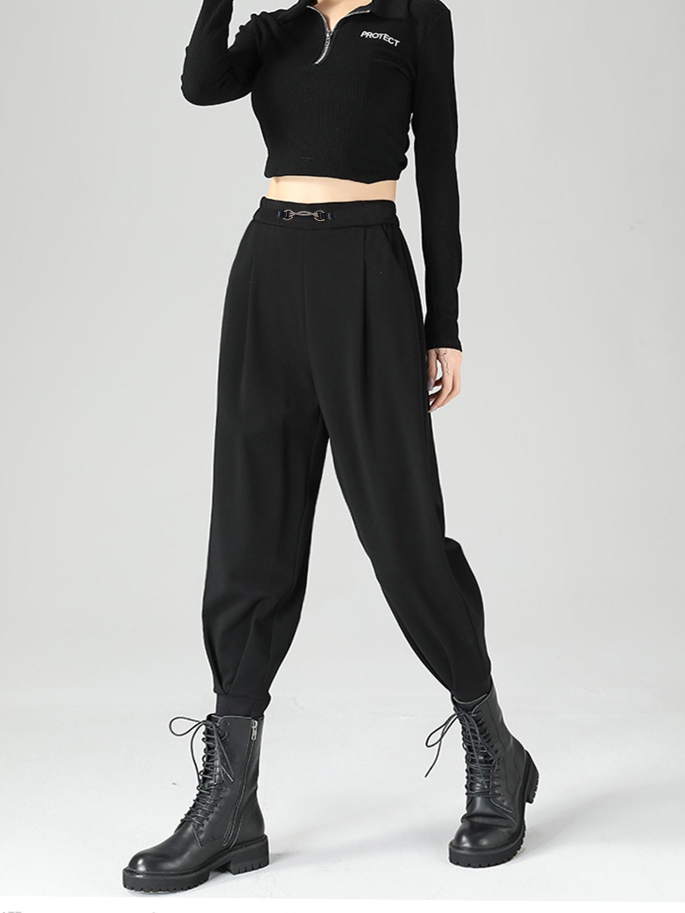High-Waisted Buckle Detail Tapered Pants