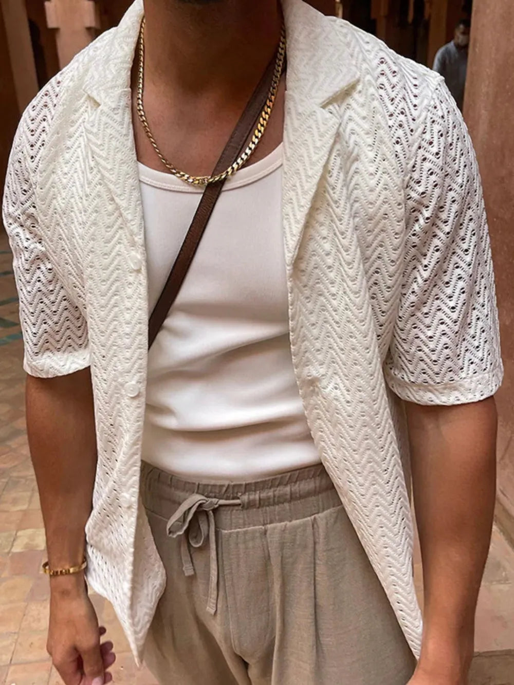 Men's Plus Size Herringbone Eyelet Button Down Knit Shirt