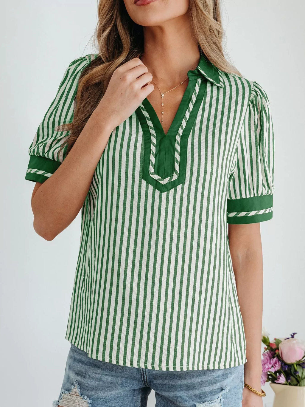 Stripe Collared Split Neck Short Bubble Sleeve Blouse