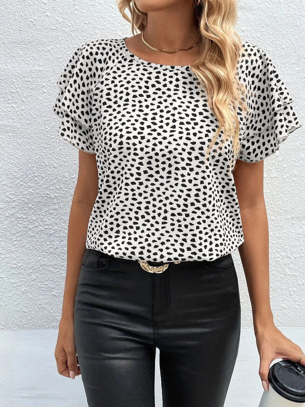 Animal Print Ruffle Sleeve Blouse