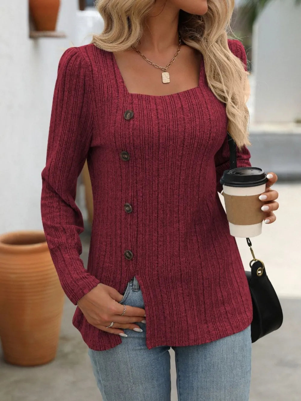 Mandy Decorative Button Striped Square Neck Long Sleeve T-Shirt