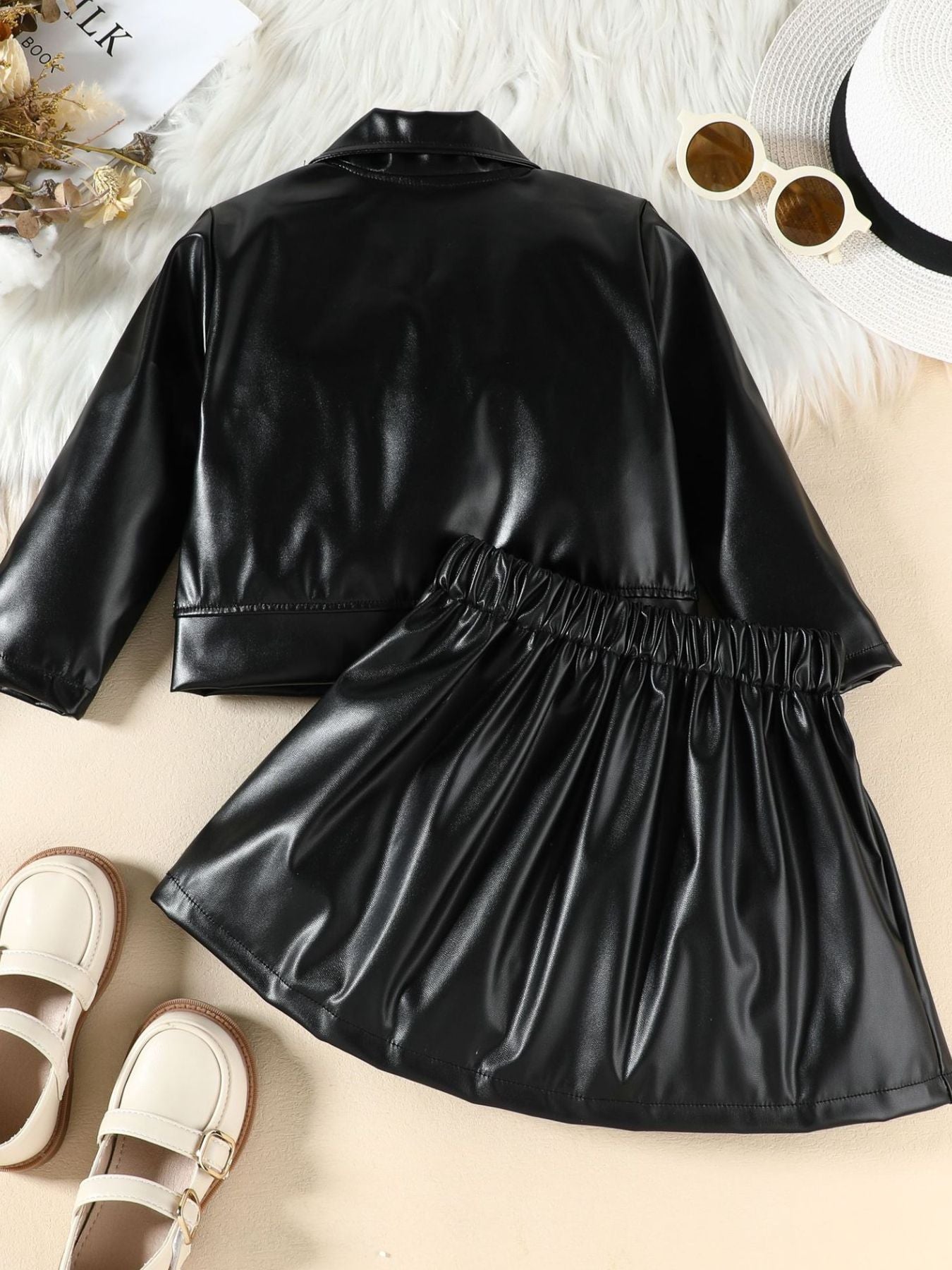 Children's Faux Leather Jacket & Pleated Skirt Set