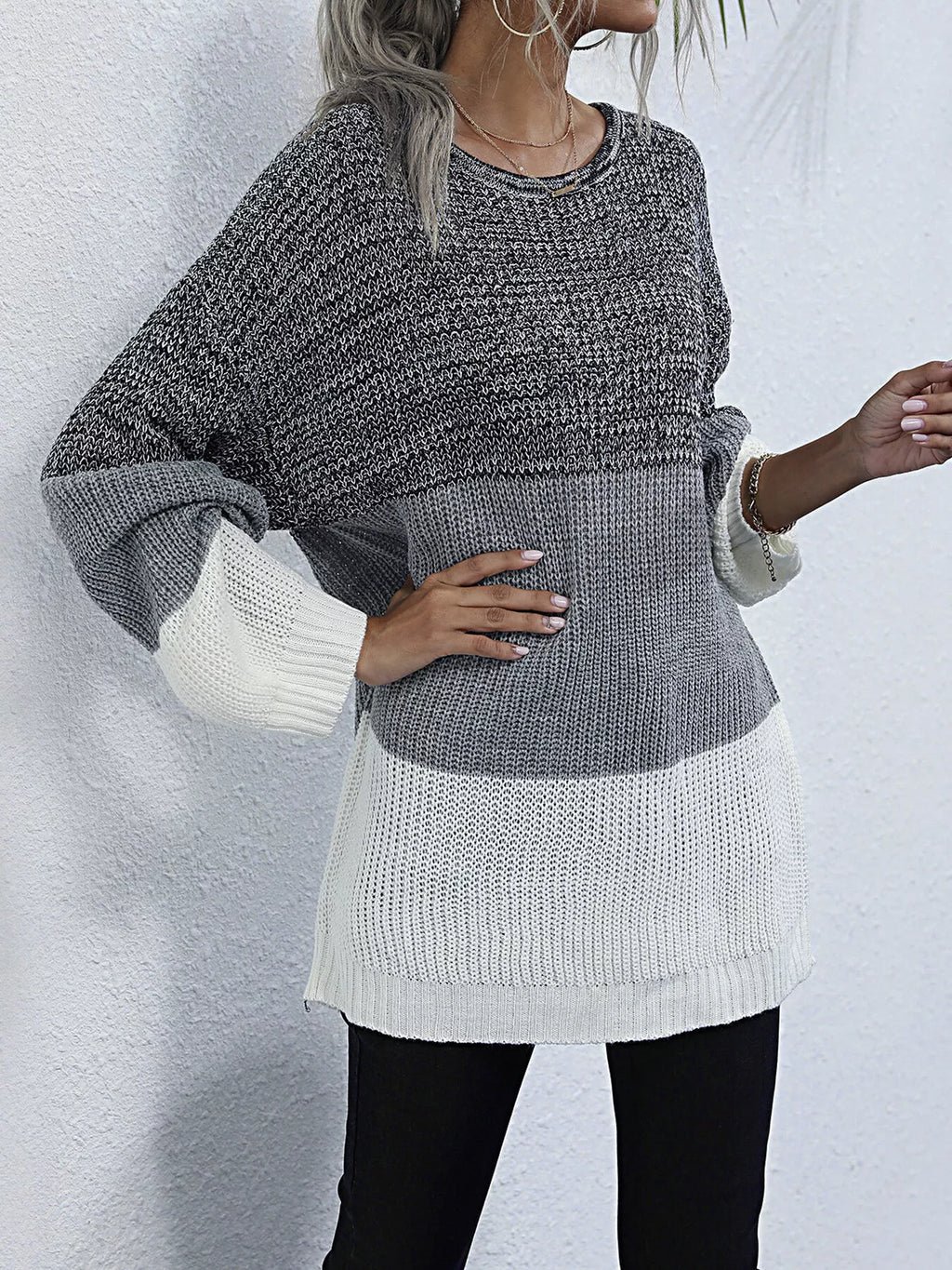 Color Block Round Neck Oversized Sweater