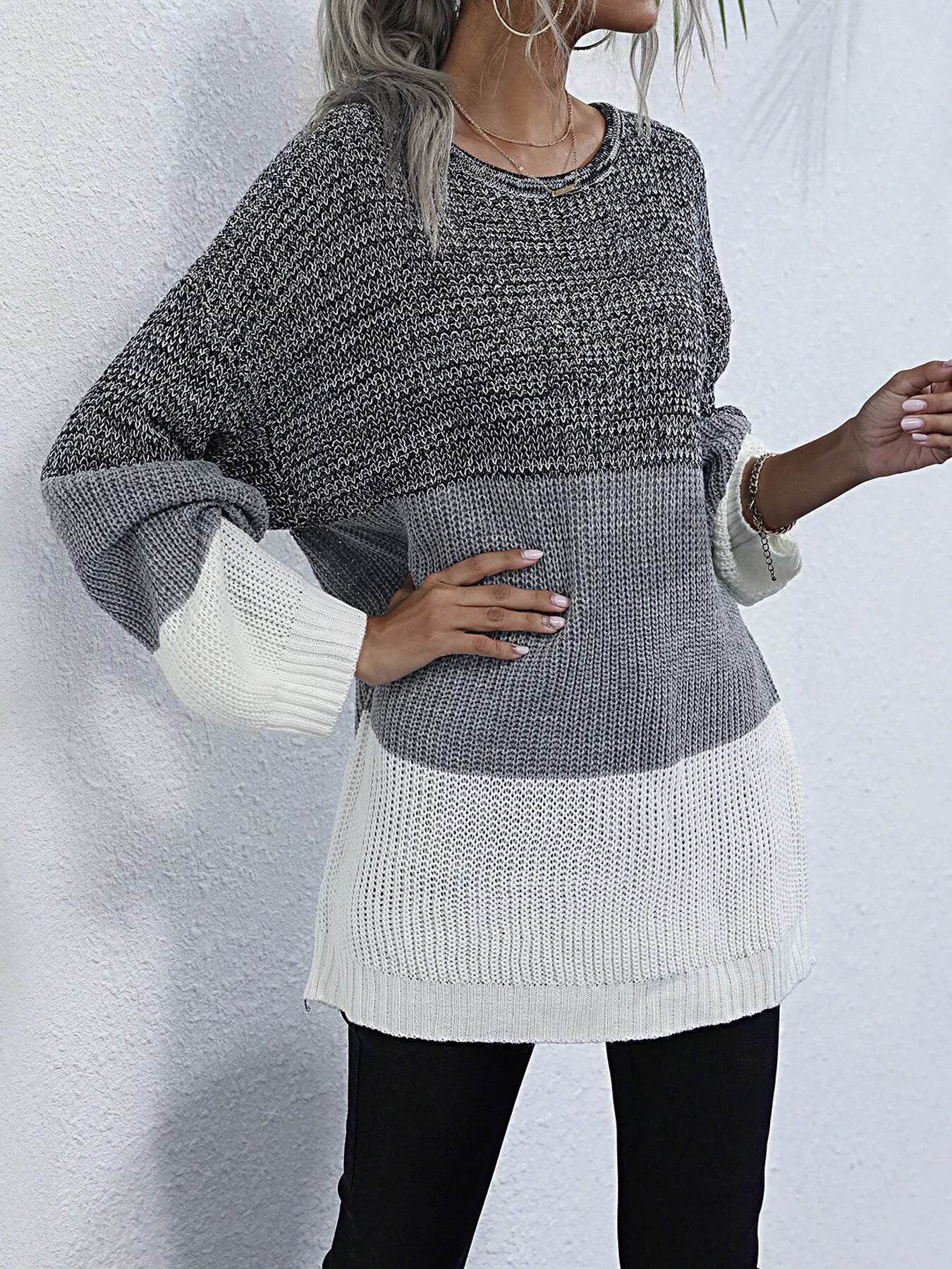 Color Block Round Neck Oversized Sweater