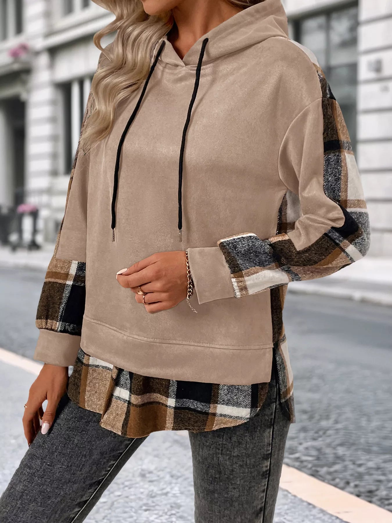 Plaid Drawstring Long Sleeve Hoodie