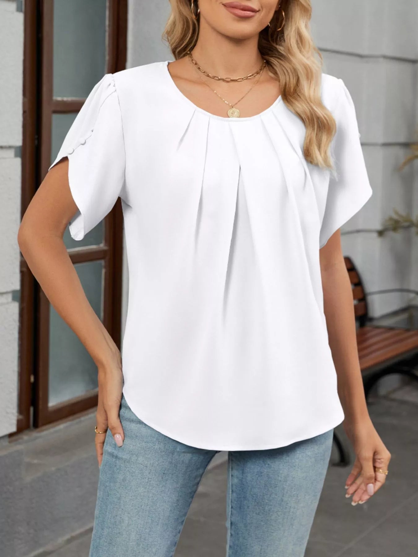 Elegant Pleated Flowy Short Sleeve Blouse