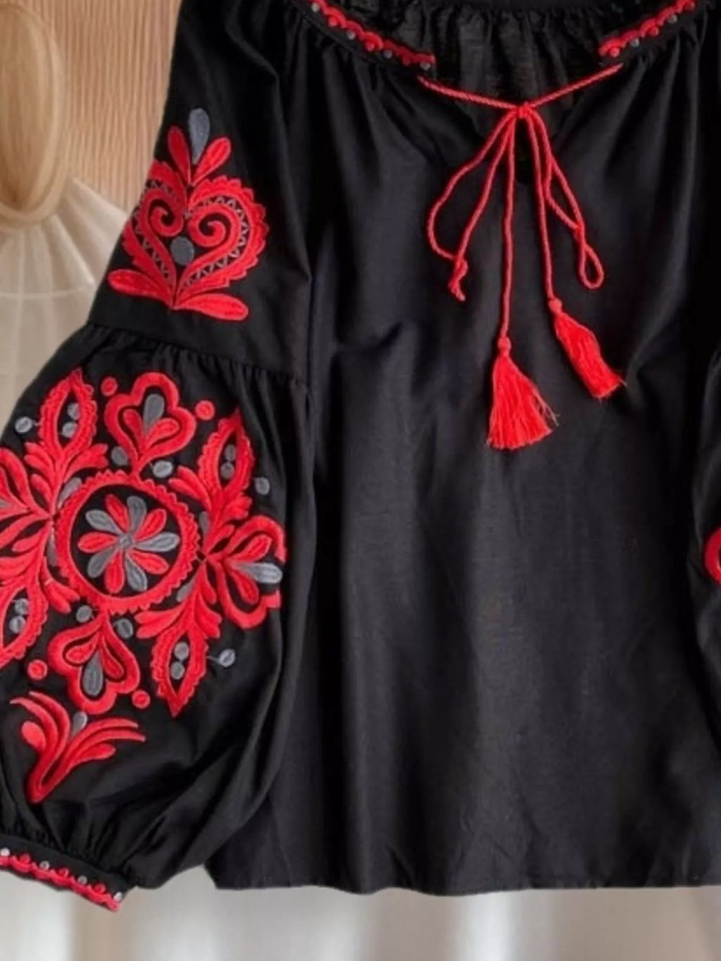 Embroidered Tassel Tie Neck Blouse