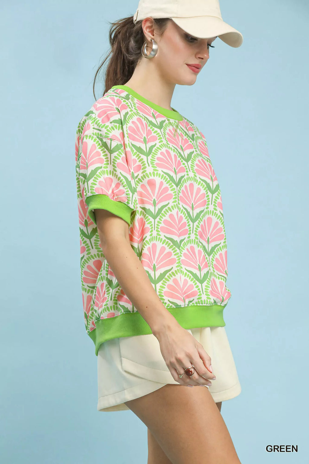 Umgee Floral Print Short Sleeve French Terry Top