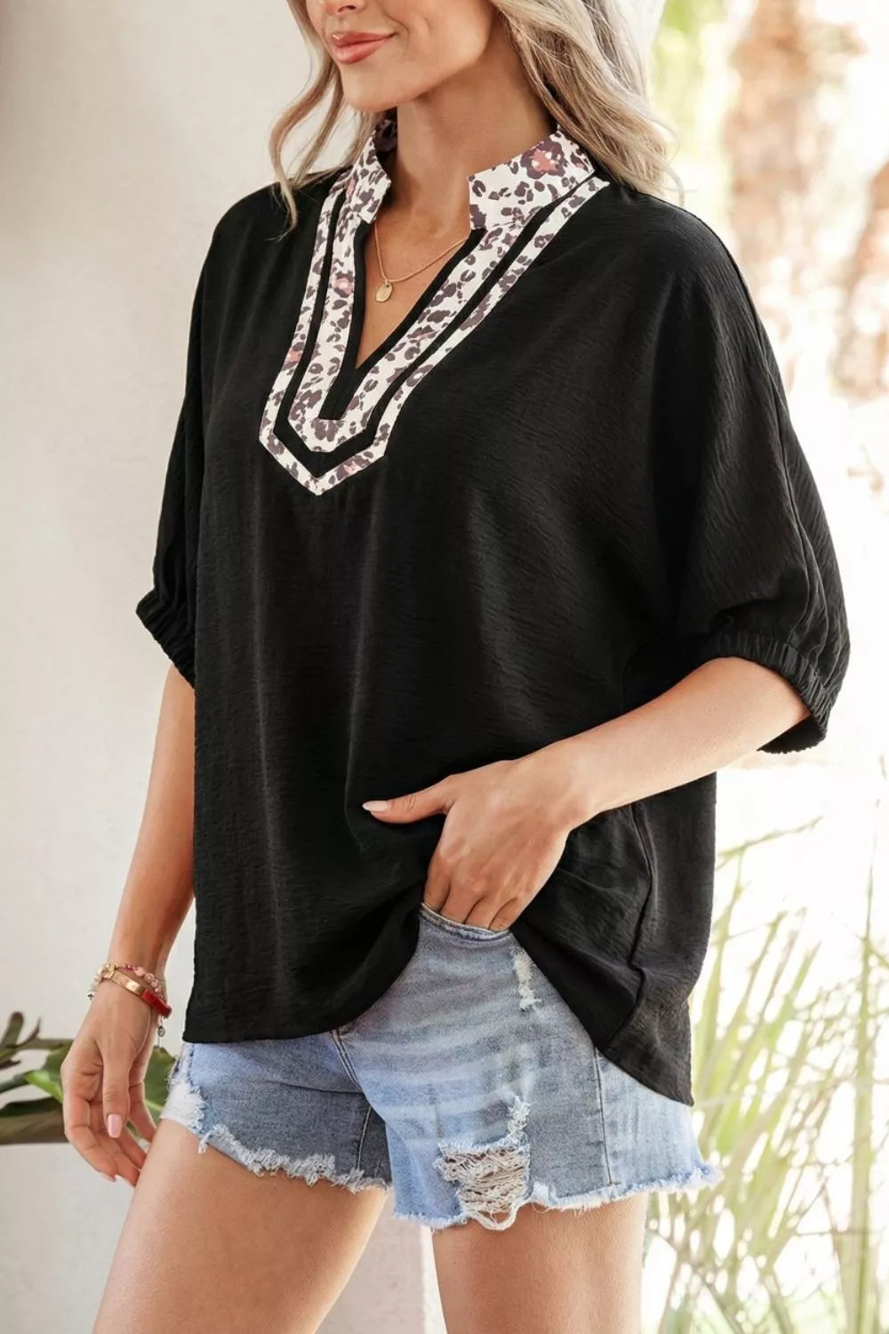 Leopard Accent Notched Neck Plus Size Short Sleeve Top