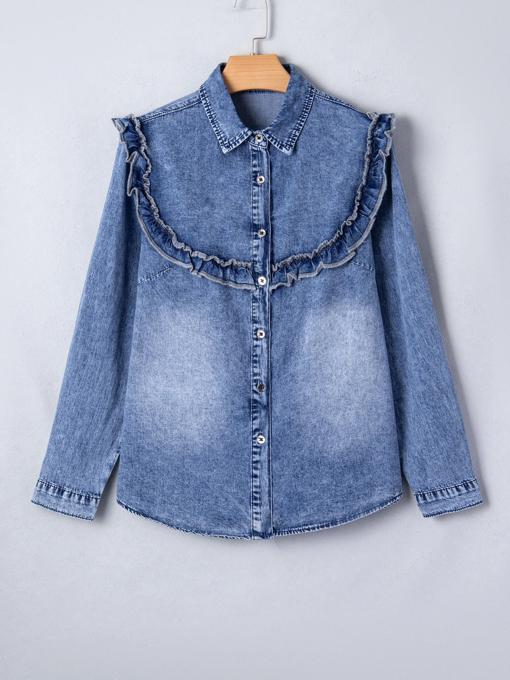 intage Wash Denim Ruffle Detail Button Down Shirt