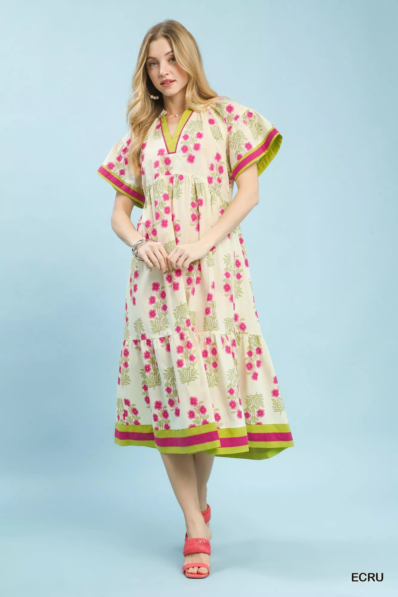 Umgee Floral Border Tiered Midi Dress