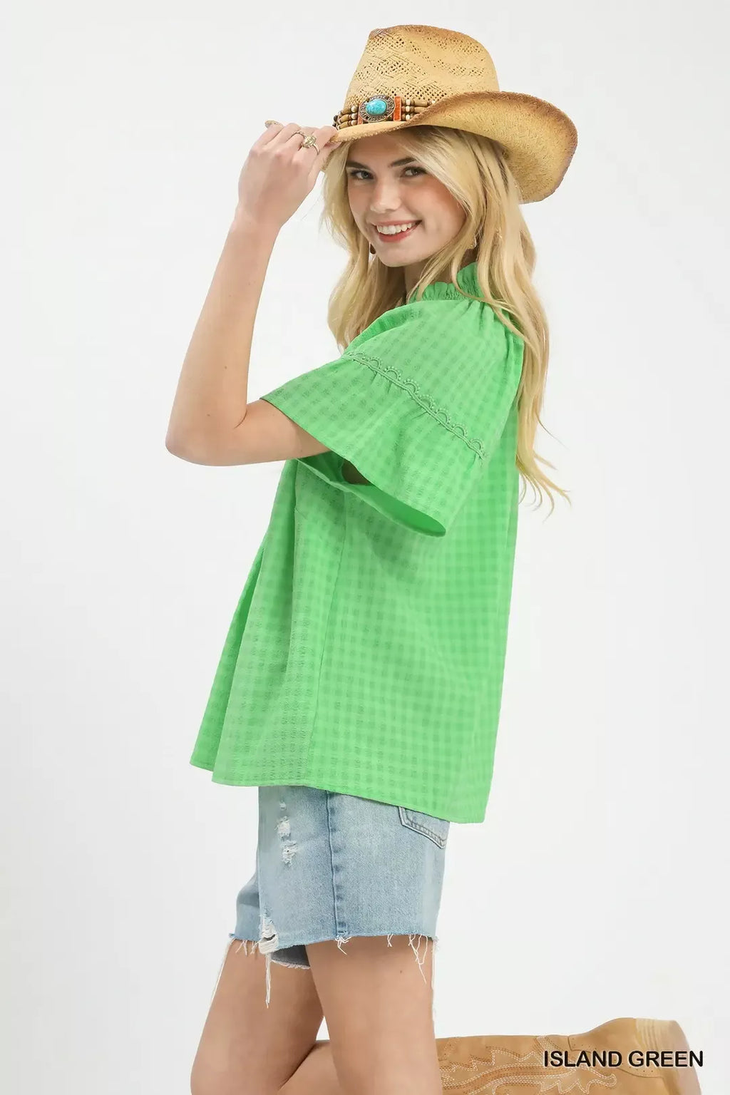 Umgee Gingham Puff Sleeve Top with Lace Trim