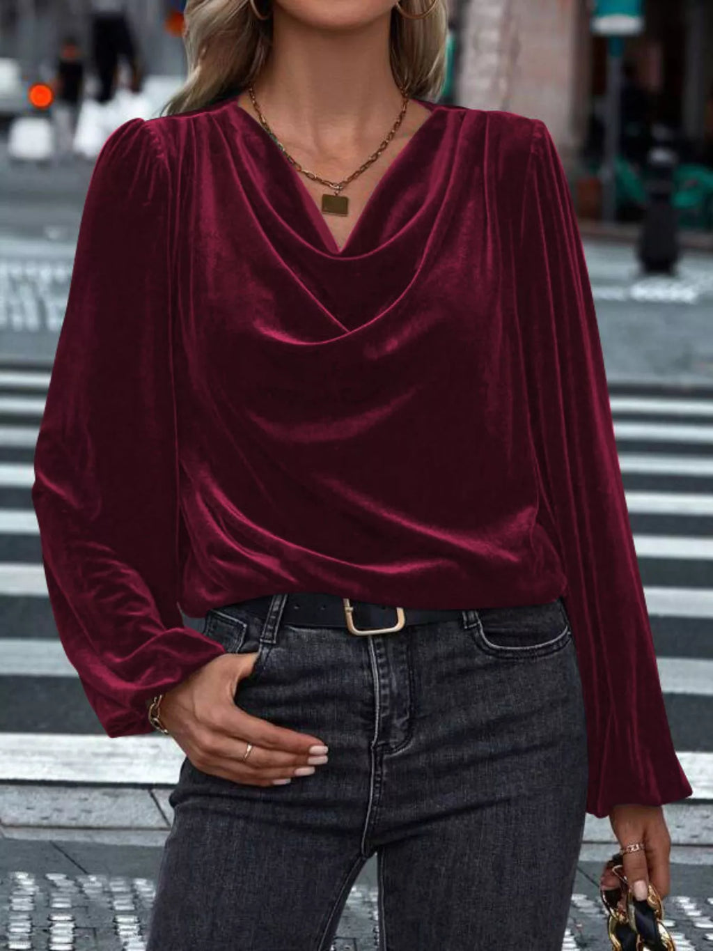 Full Size Velvet Cowl Neck Blouse Plus Size