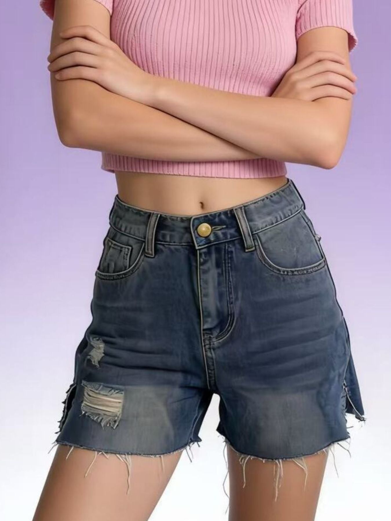 Distressed Slit Denim Shorts