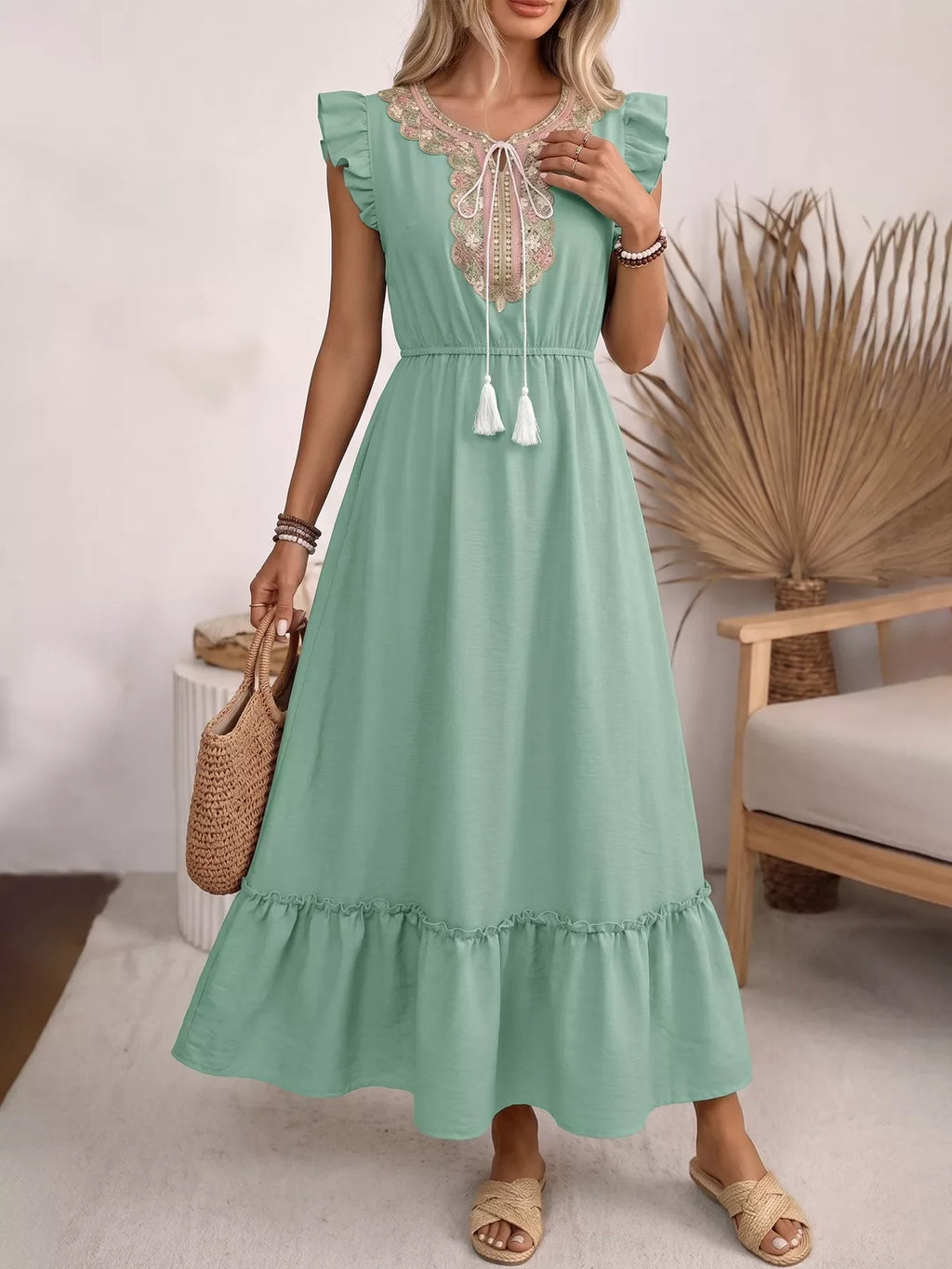 Tie Neck Ruffle Sleeve Maxi Dress