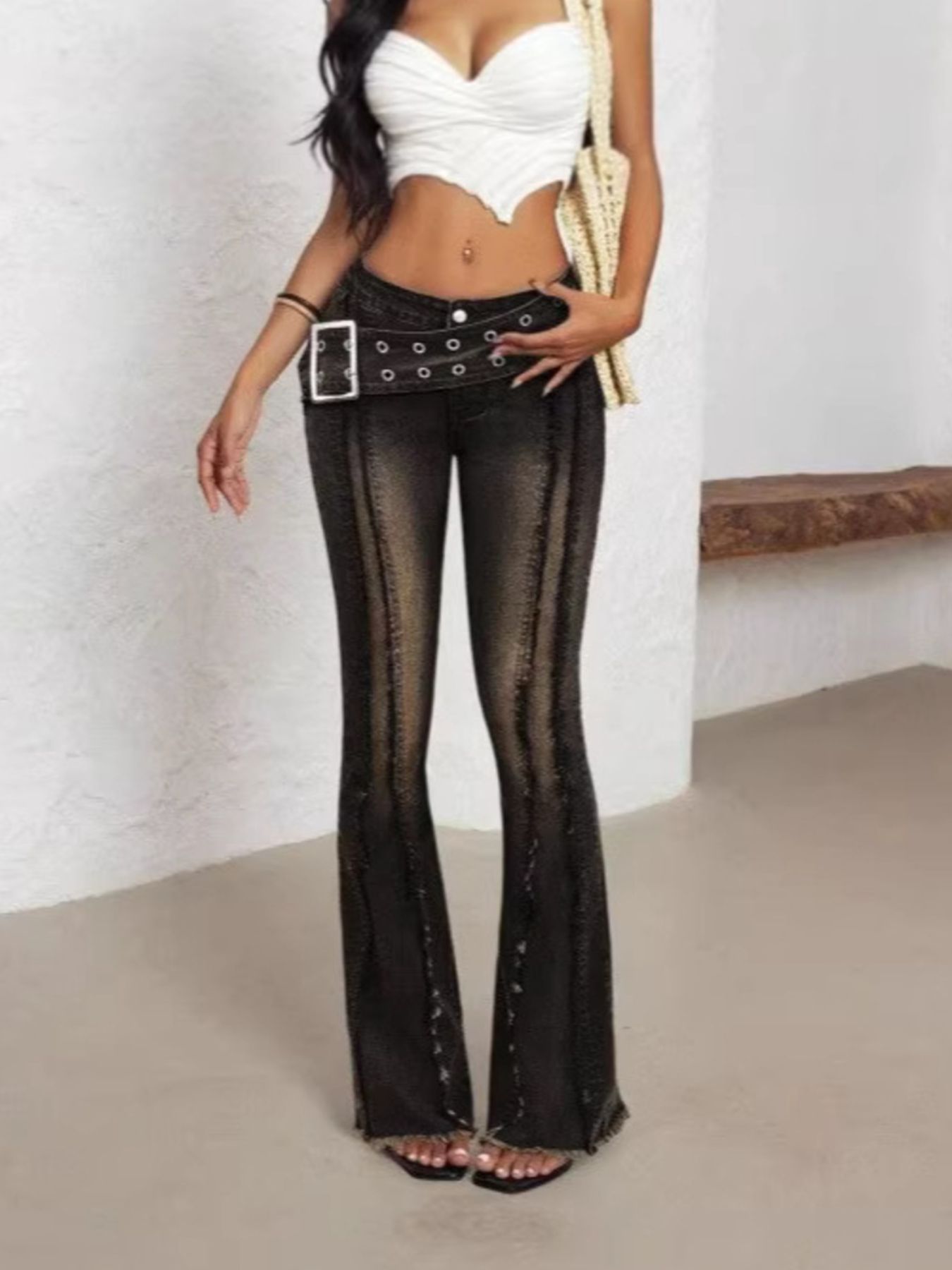 Belted High Waist Flare Jeans