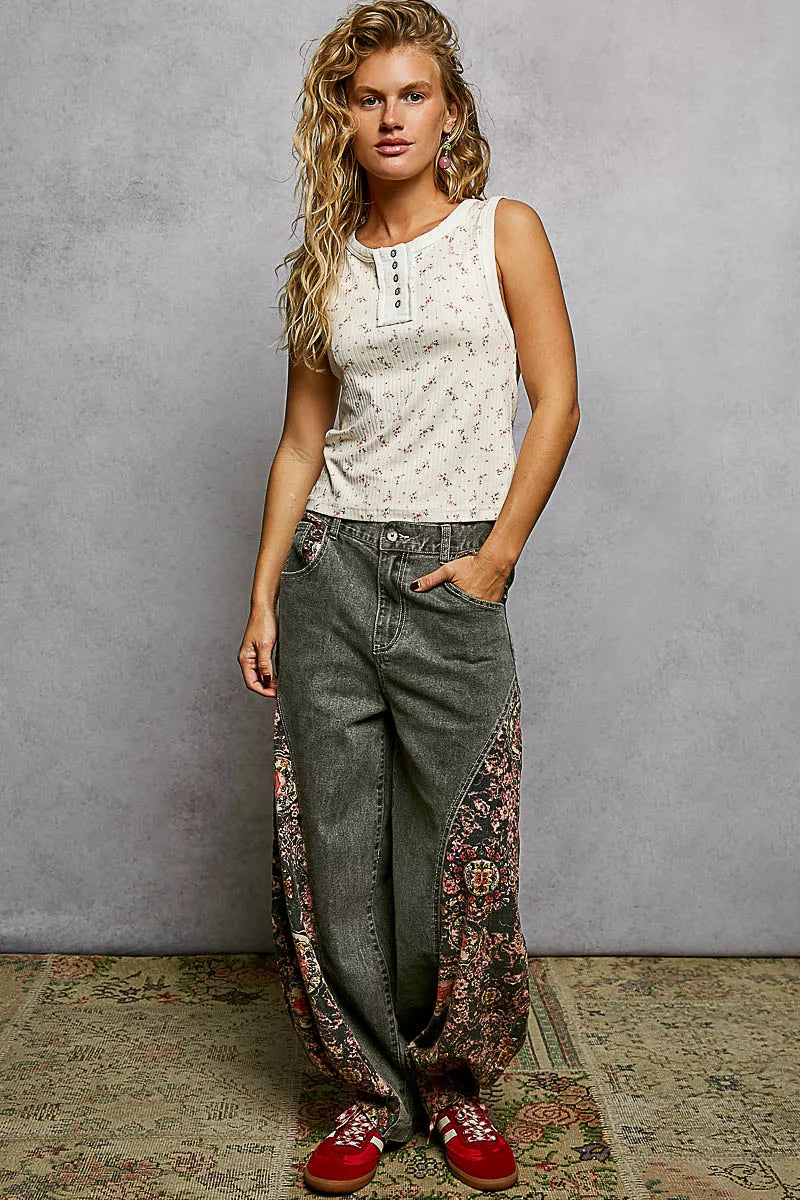 POL Vintage Floral Print Slim-Fit Knit Tank with Raw-Edge Details