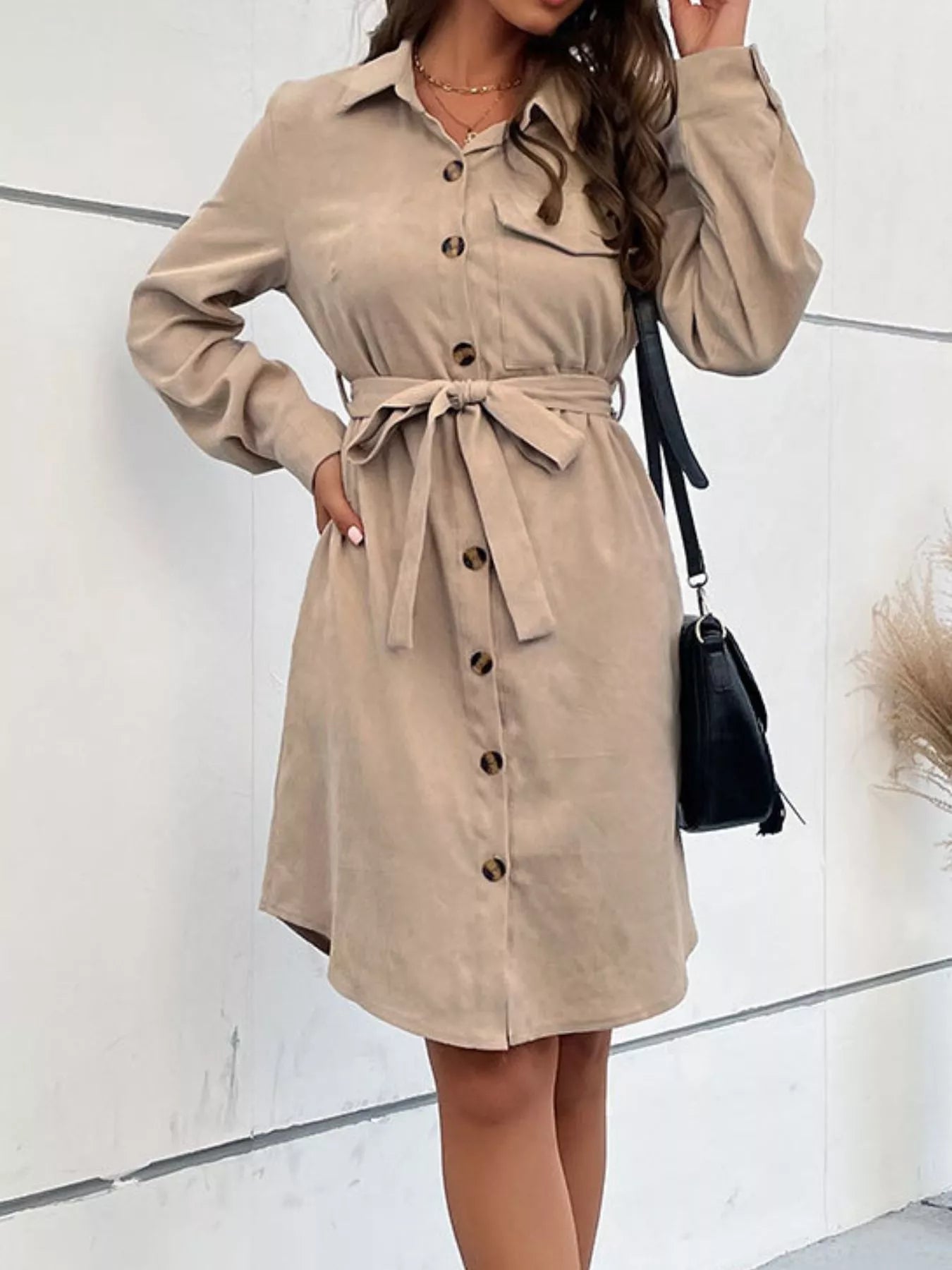 Button-Front Tie Waist Shirt Dress