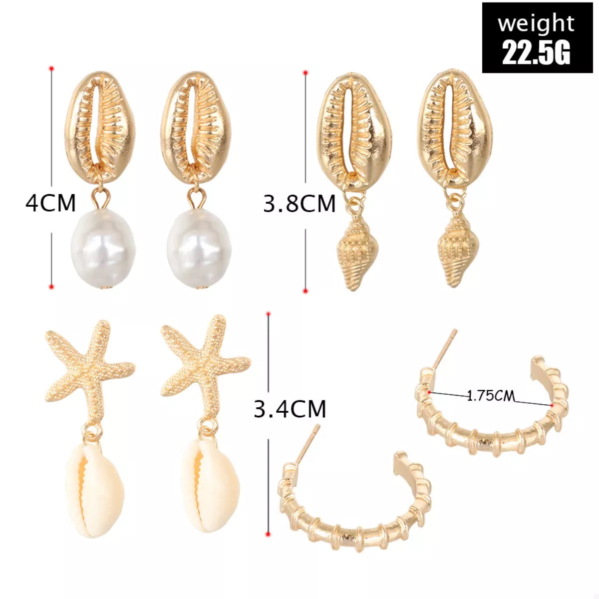 4 Pair 18K Gold-Plated Shell Minimalist Earrings
