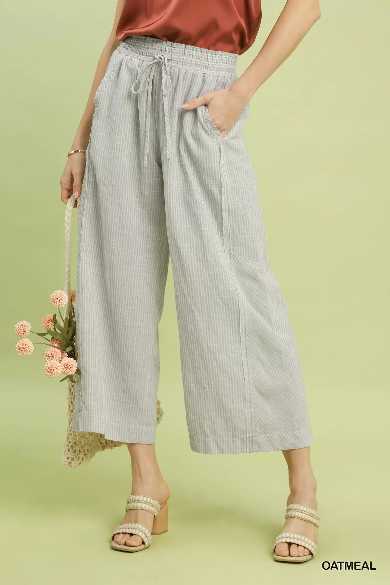Umgee Linen Blend Striped Wide Leg Pants