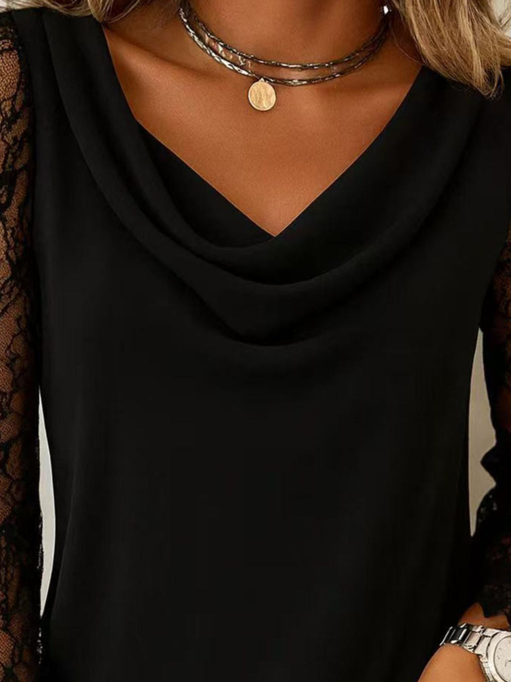 Lace Sleeve Cowl Neck Blouse