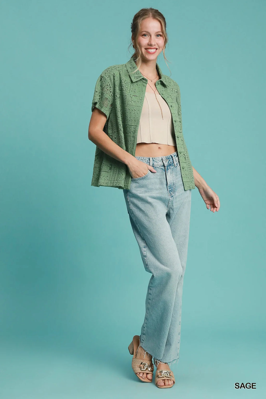 Umgee Patch Lace Short Sleeve Button Down Shirt
