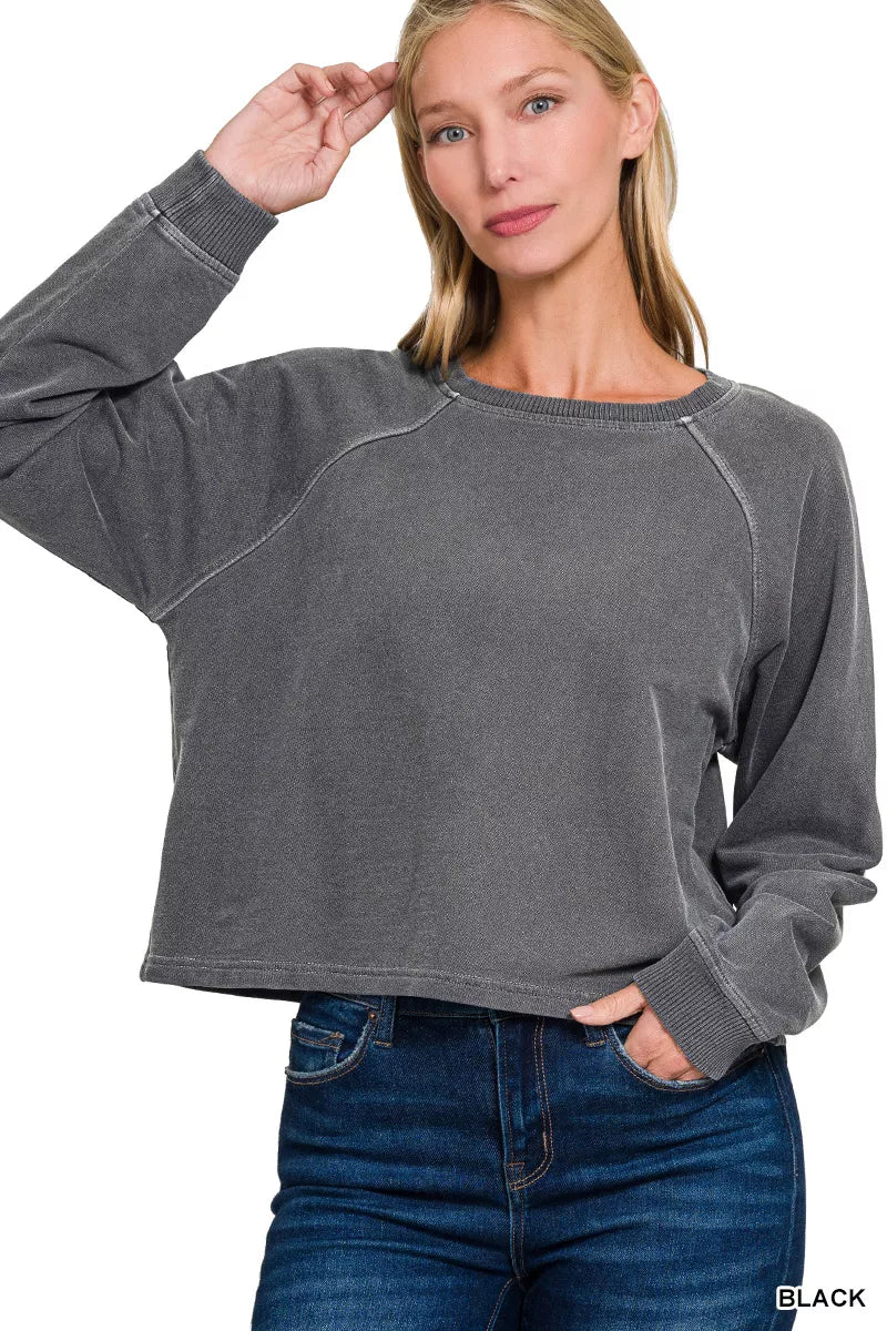 Zenana Washed F/terry Round Neck Pullover & Pants Set