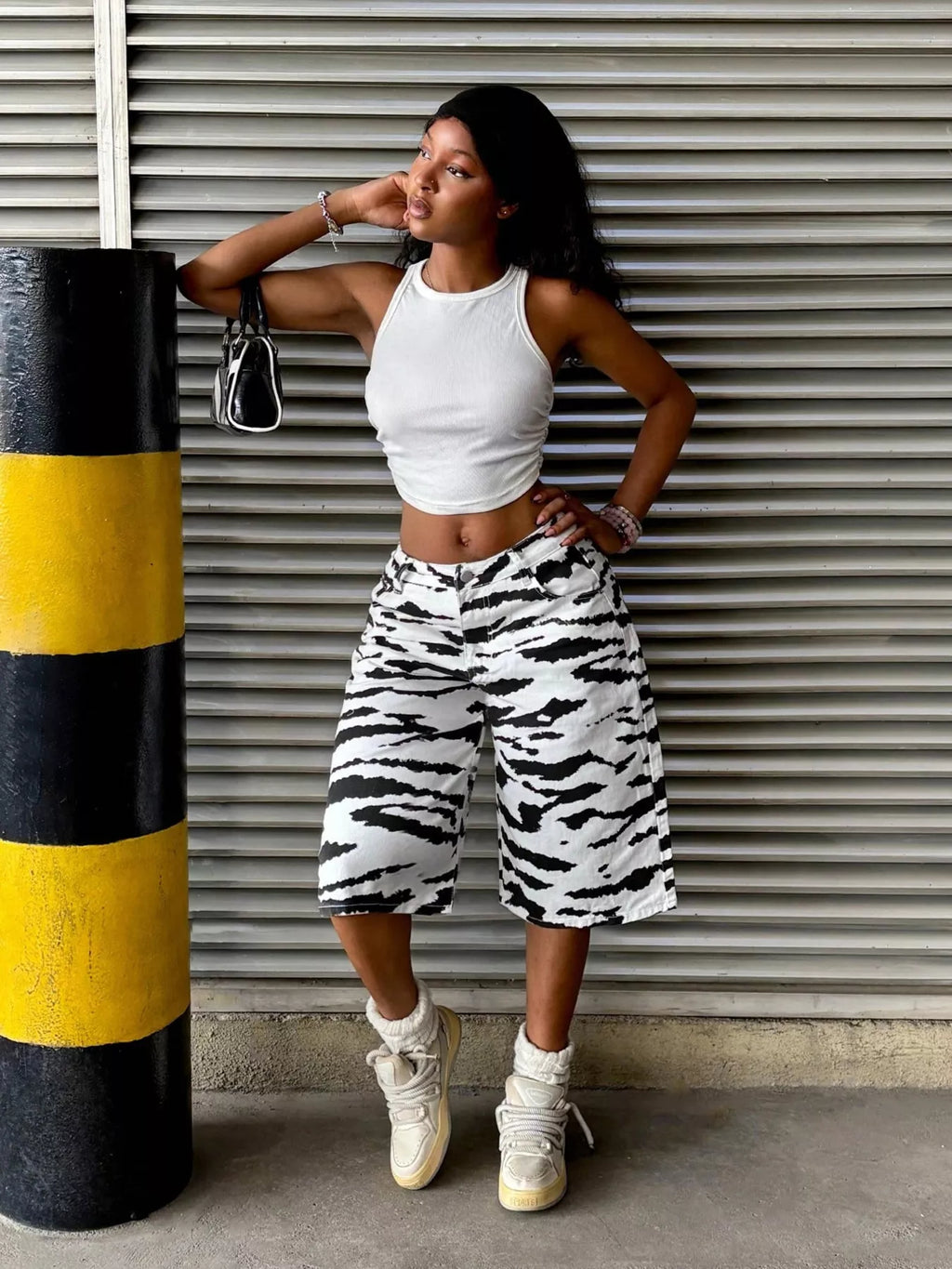 Zebra Print Wide Leg Denim Capris
