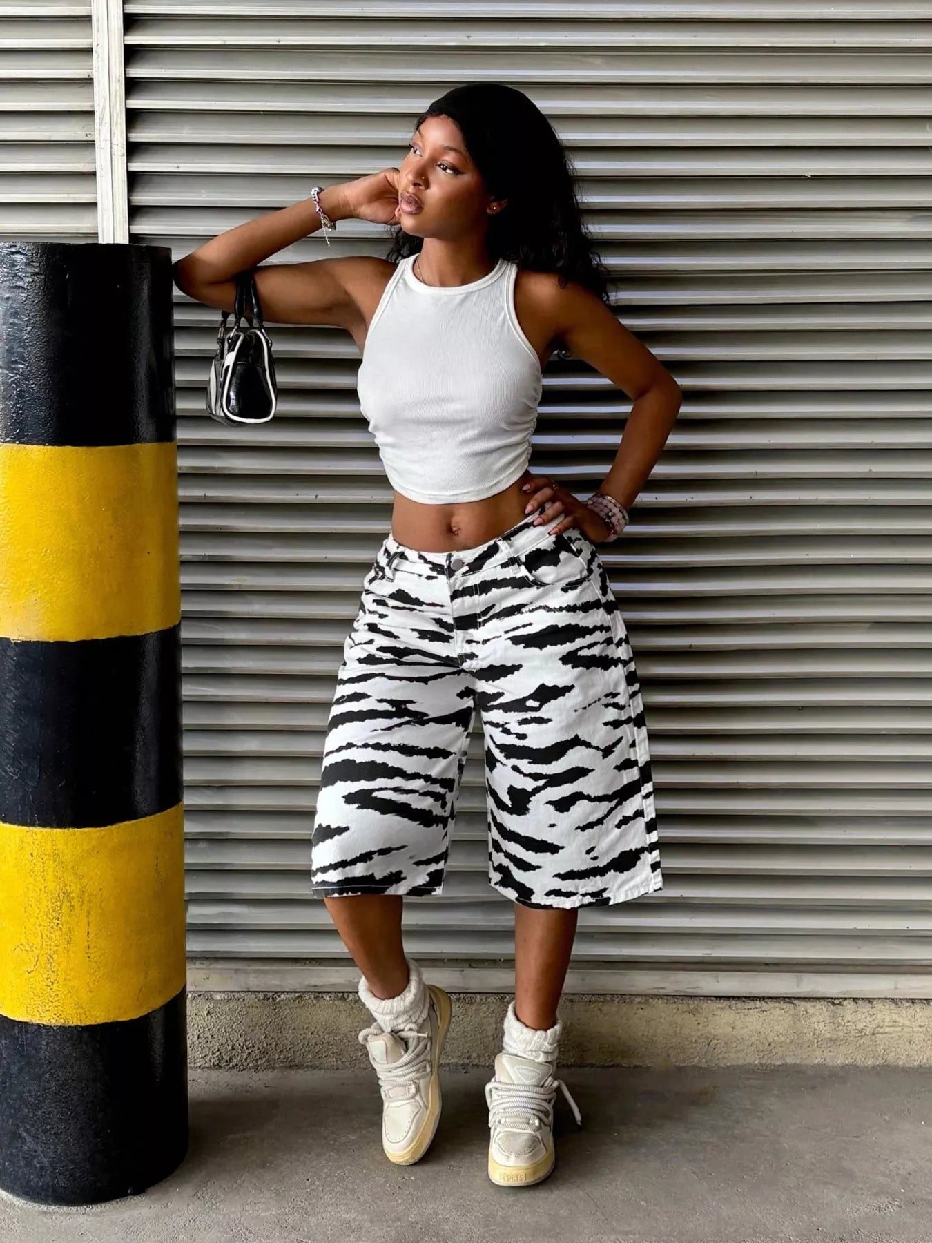 Zebra Print Wide Leg Denim Capris
