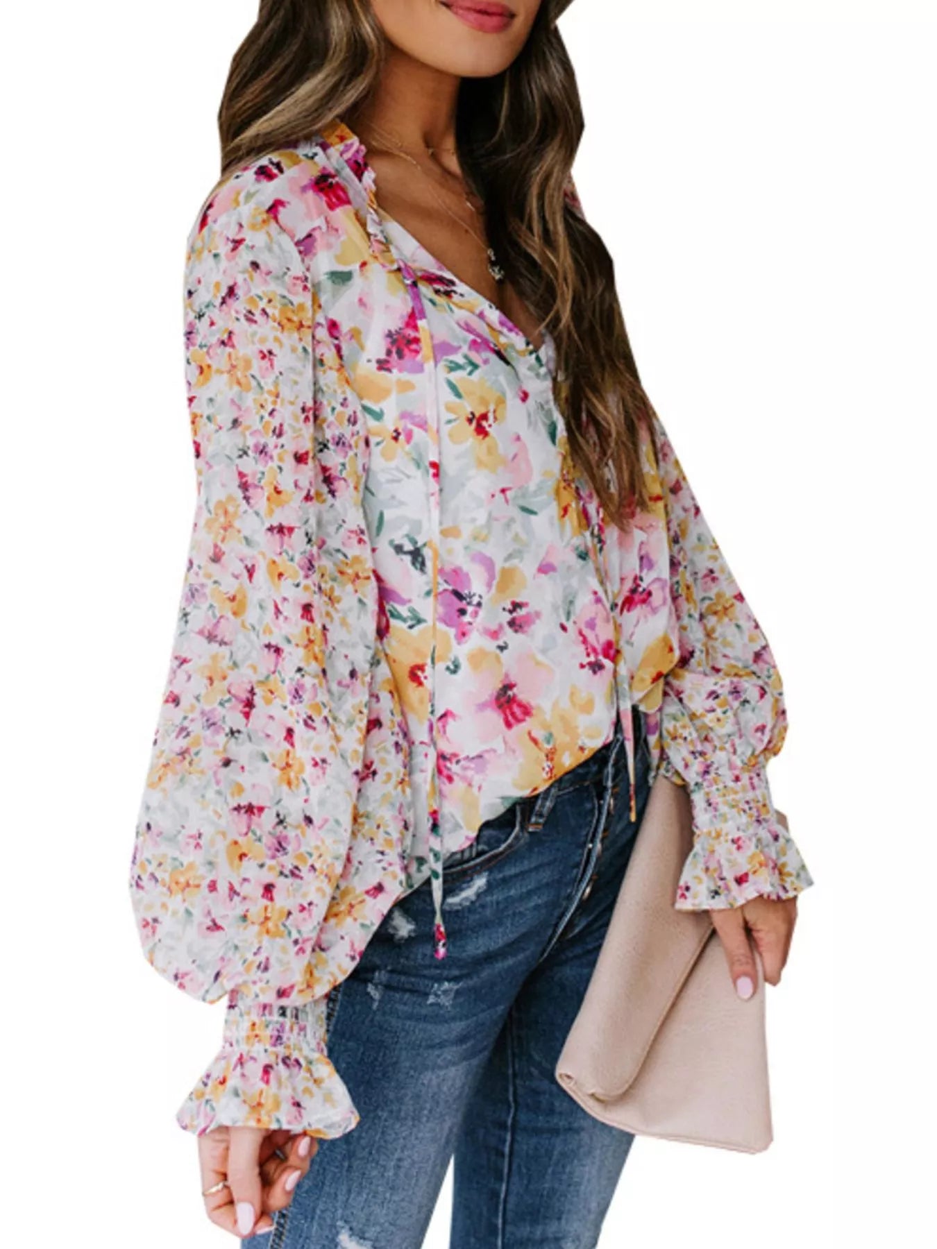 Full Size Floral Print Smocked Cuff Blouse Plus Size