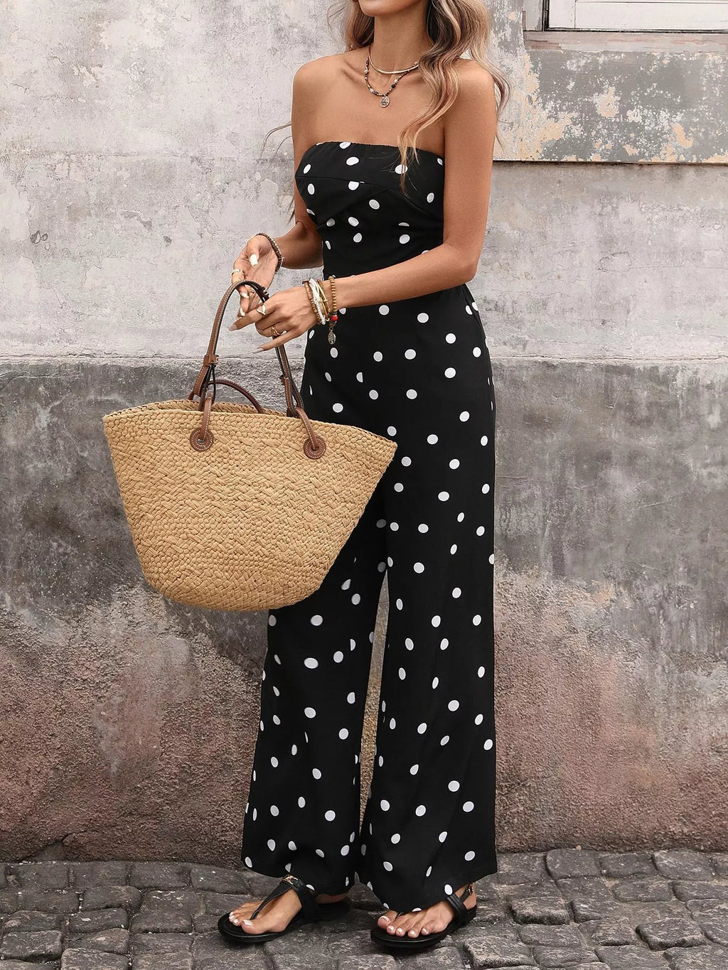 Polka Dot Strapless Wide Leg Jumpsuit
