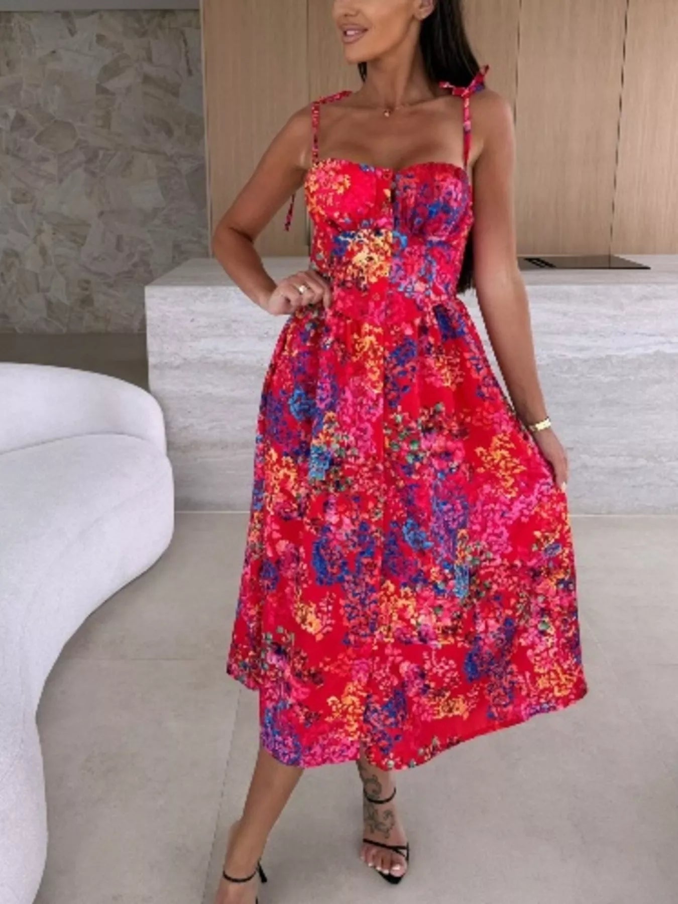 Printed Tie-Strap Midi Dress