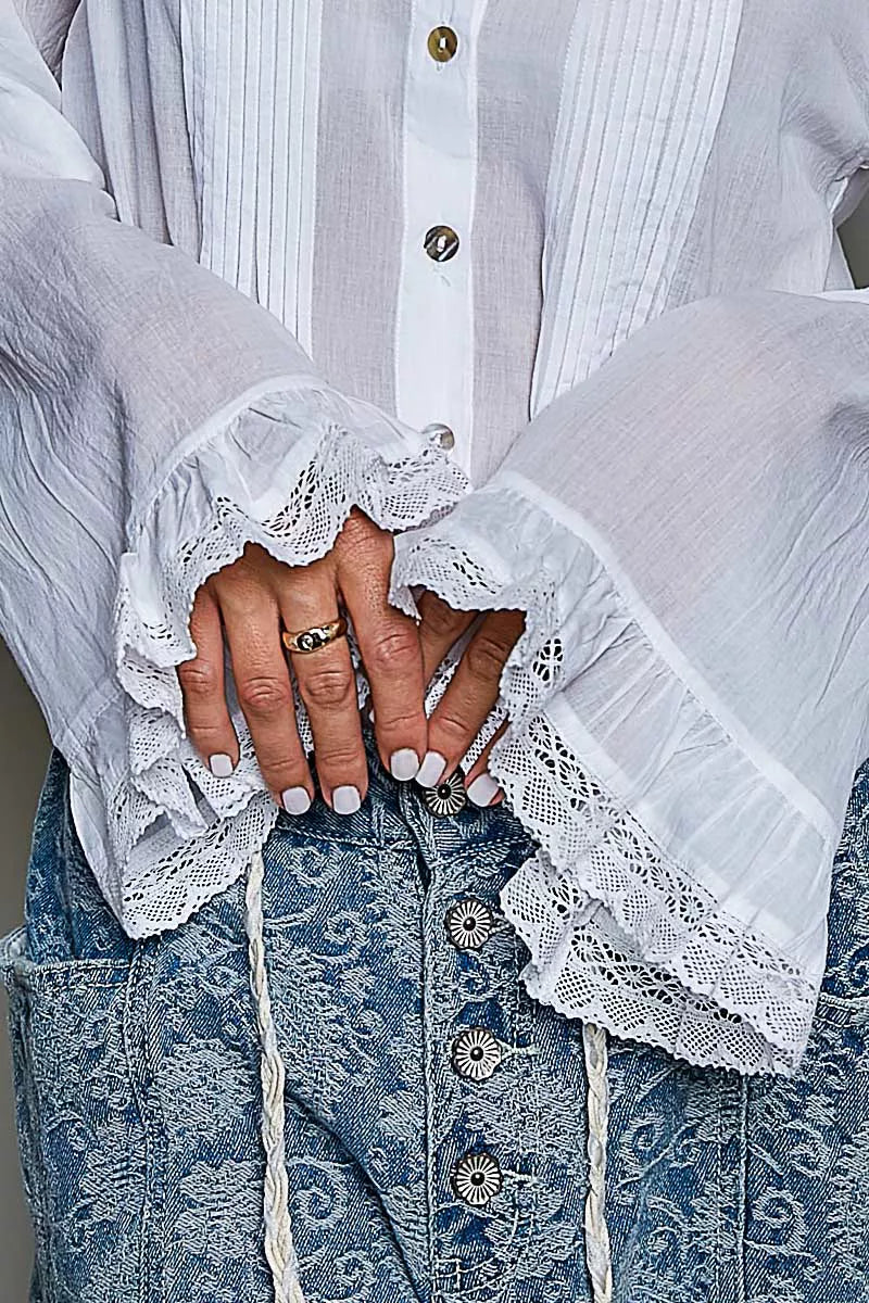 POL Woven Lace Trim Pintuck Button-Down Shirt
