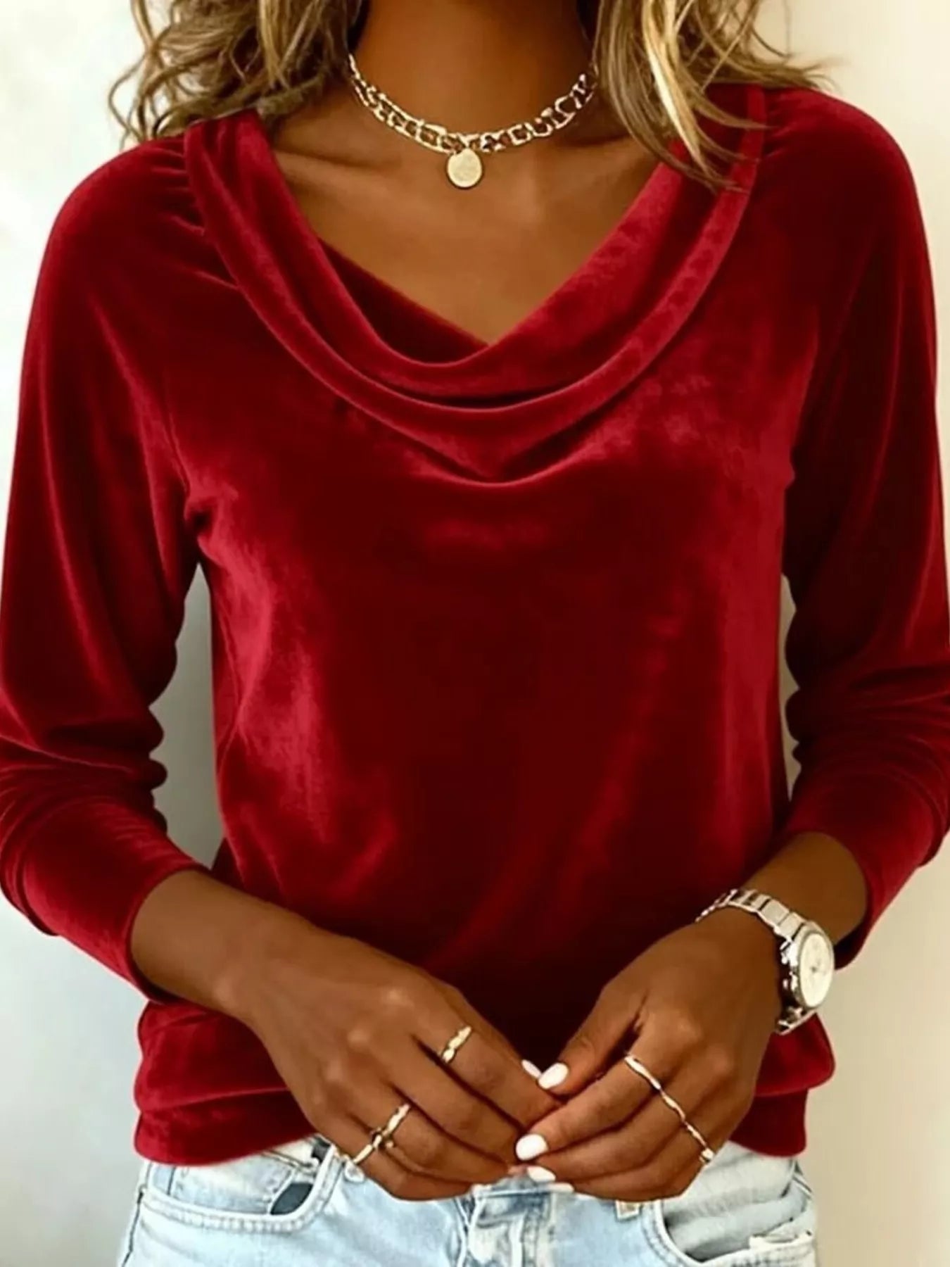 Velvet Cowl Neck Long Sleeve Top