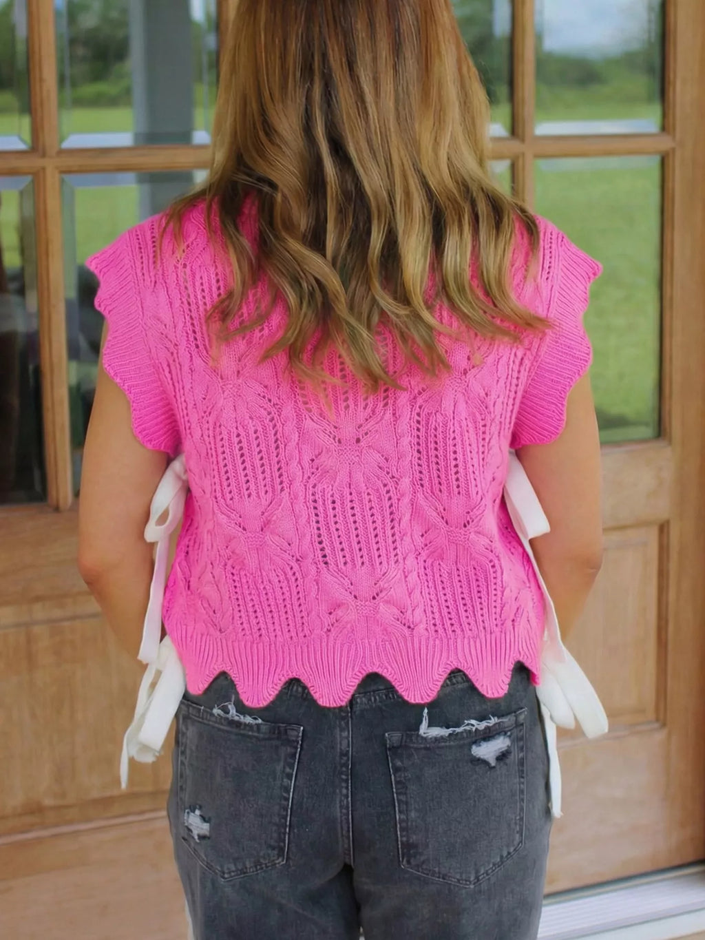 Side Tie Openwork Round Neck Sweater Vest