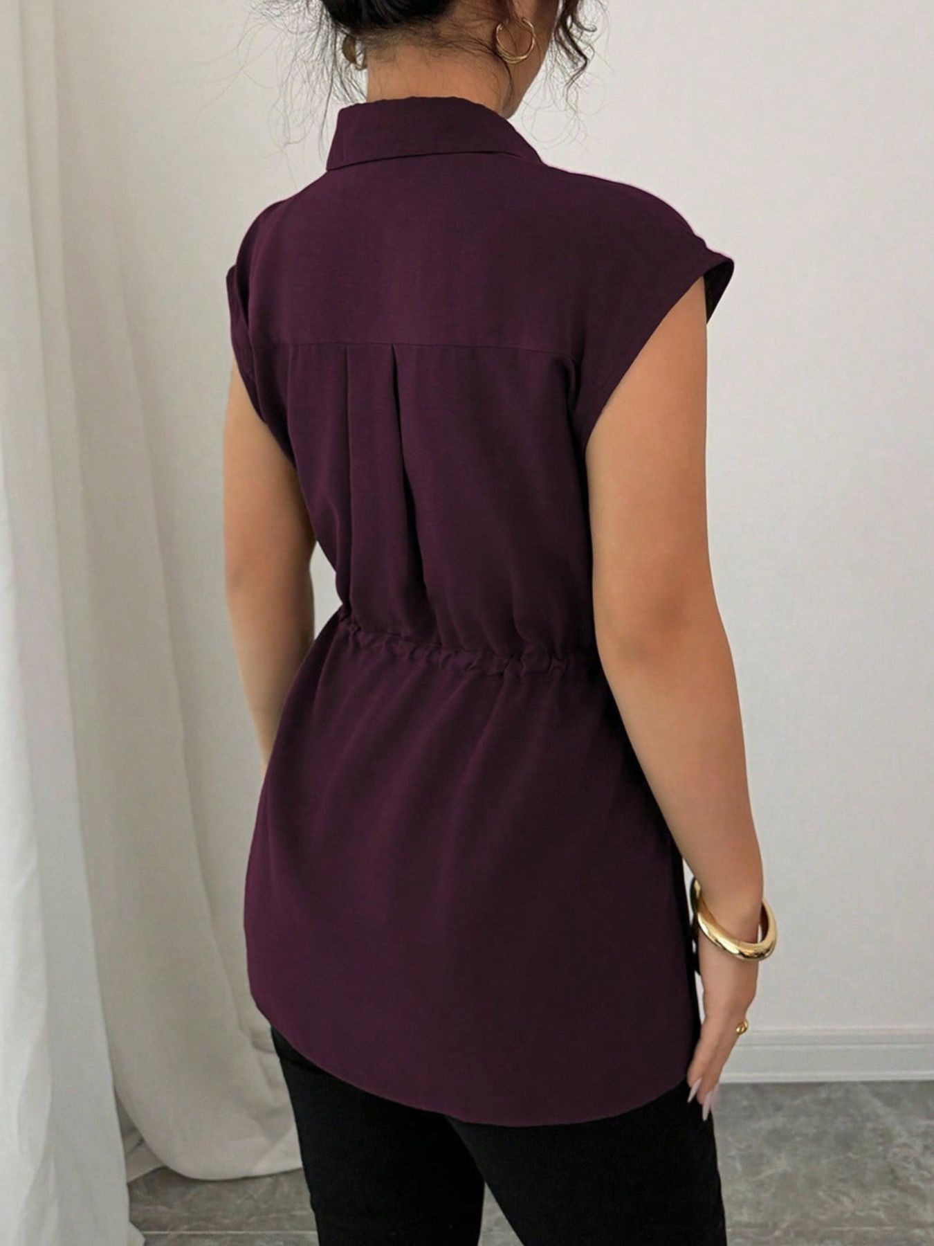 Drawstring Waist Cap Sleeve Shirt