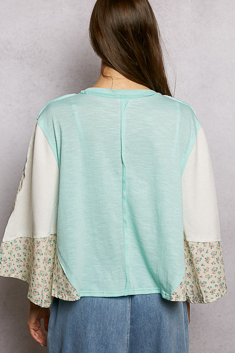 POL Exposed Seam Floral Patchwork Round Neck Textured Slub Knit Top