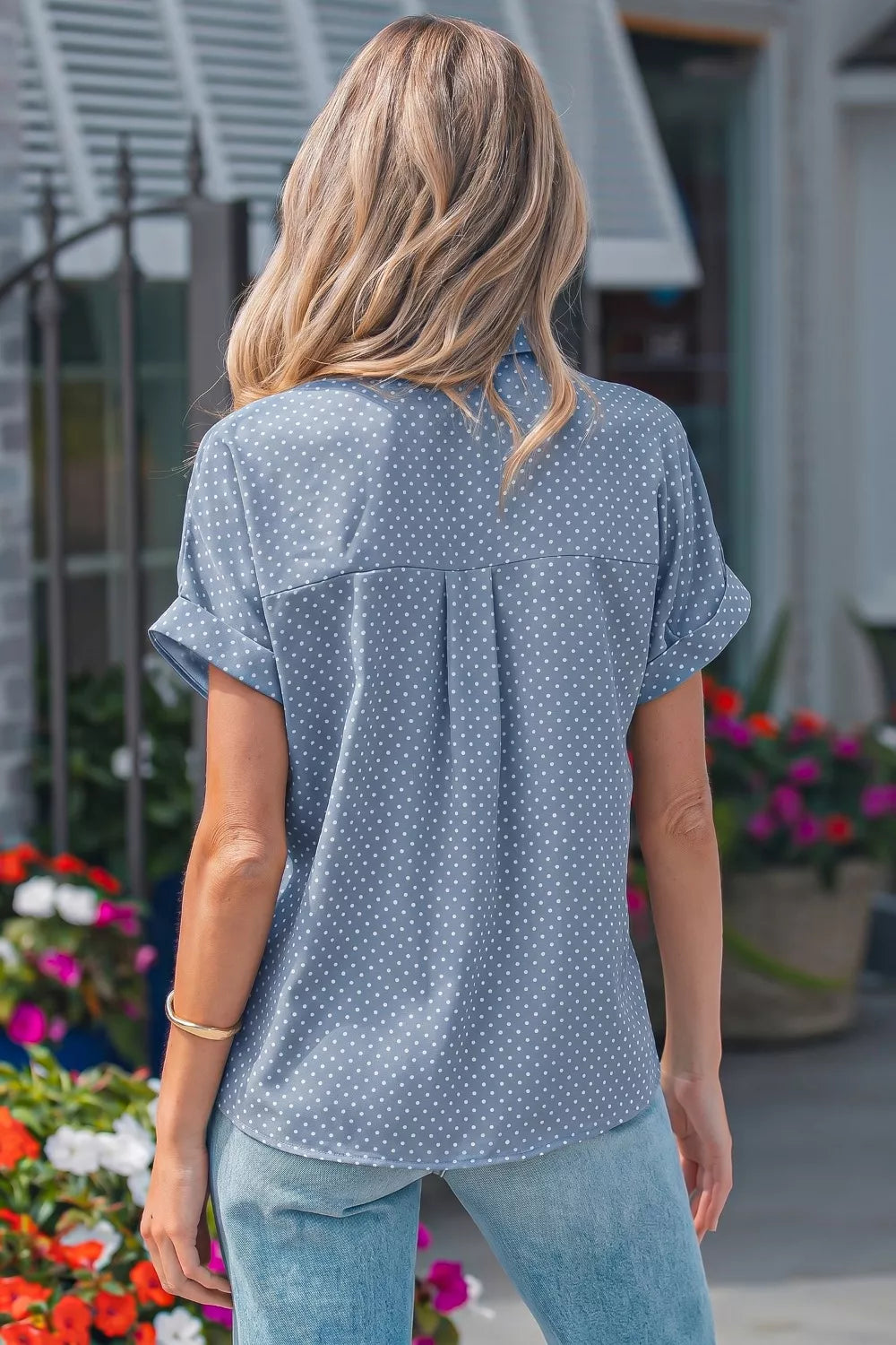 Dotted Print Cuffed Short Sleeve Shirt
