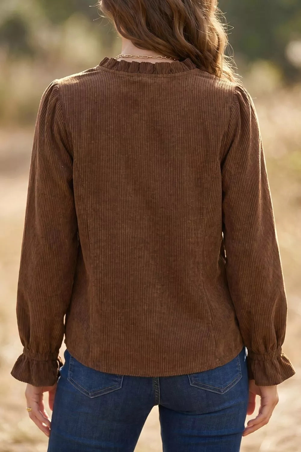 Solid Color Ruffle Trim V Neck Long Sleeve Button Corduroy Shakcet