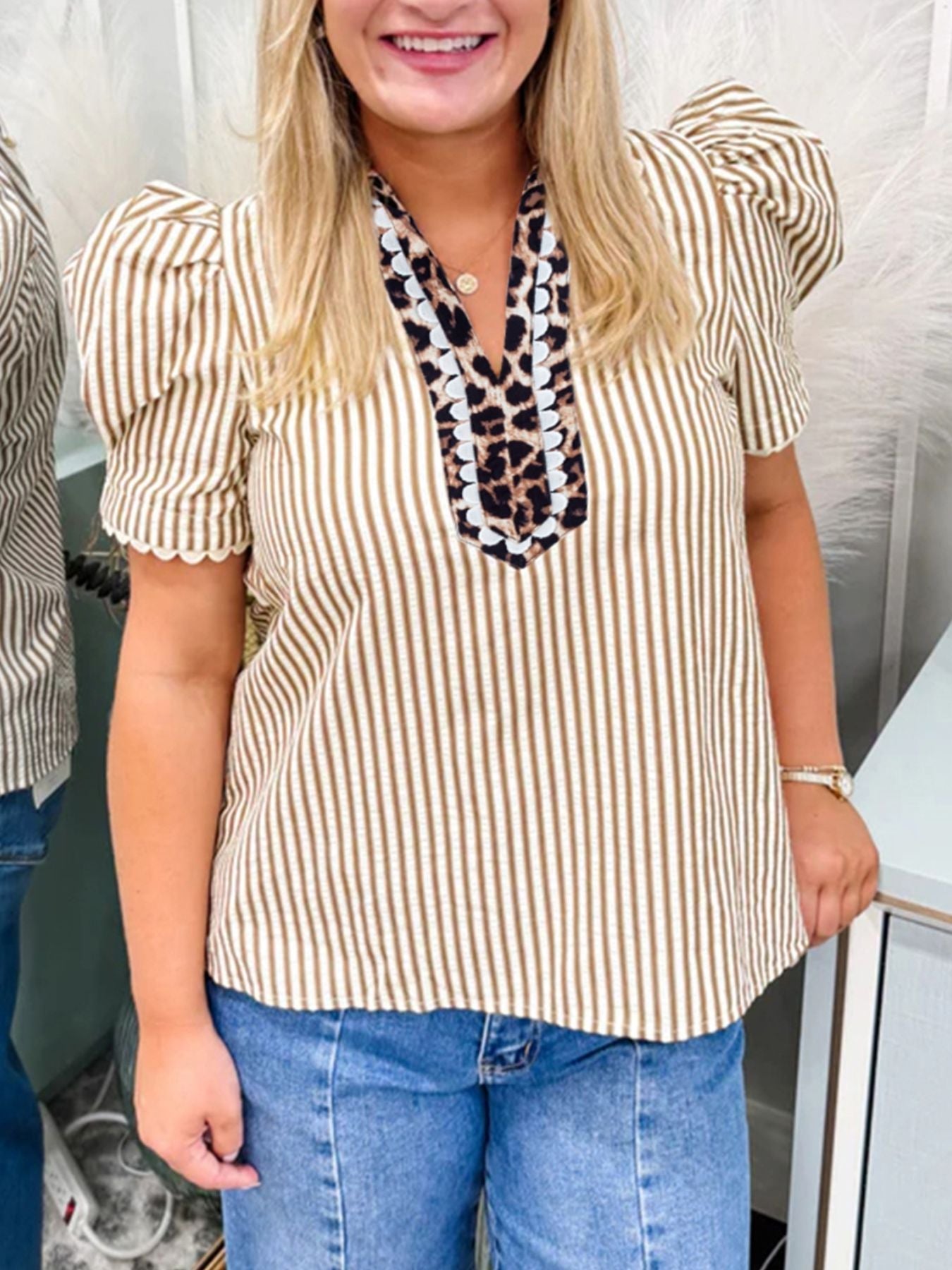 Stripe Ricrac Trim Short Puff Sleeve Leopard Patchwork Collar V Neck Blouse