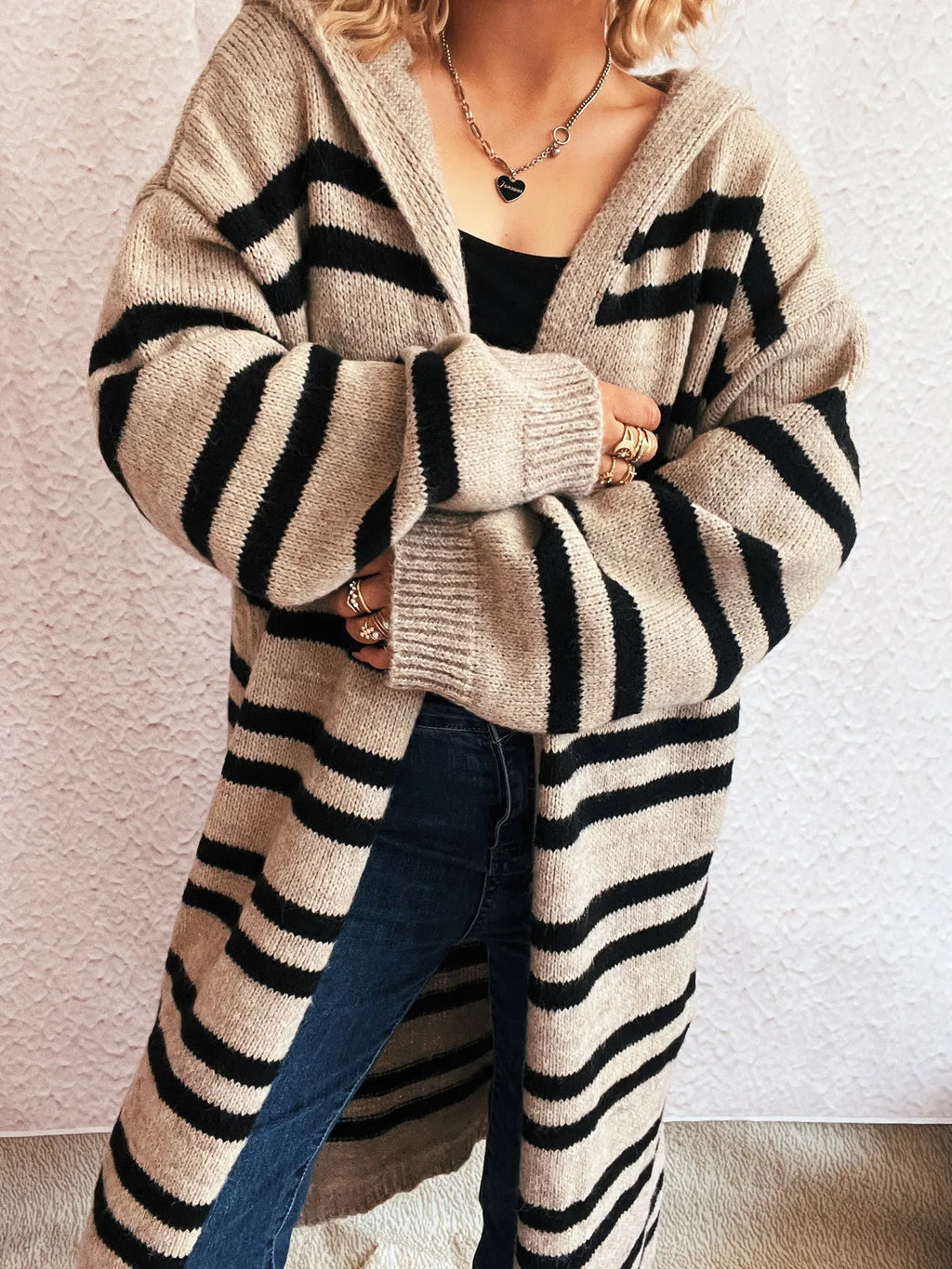 Striped Open Front Hooded Cardigan