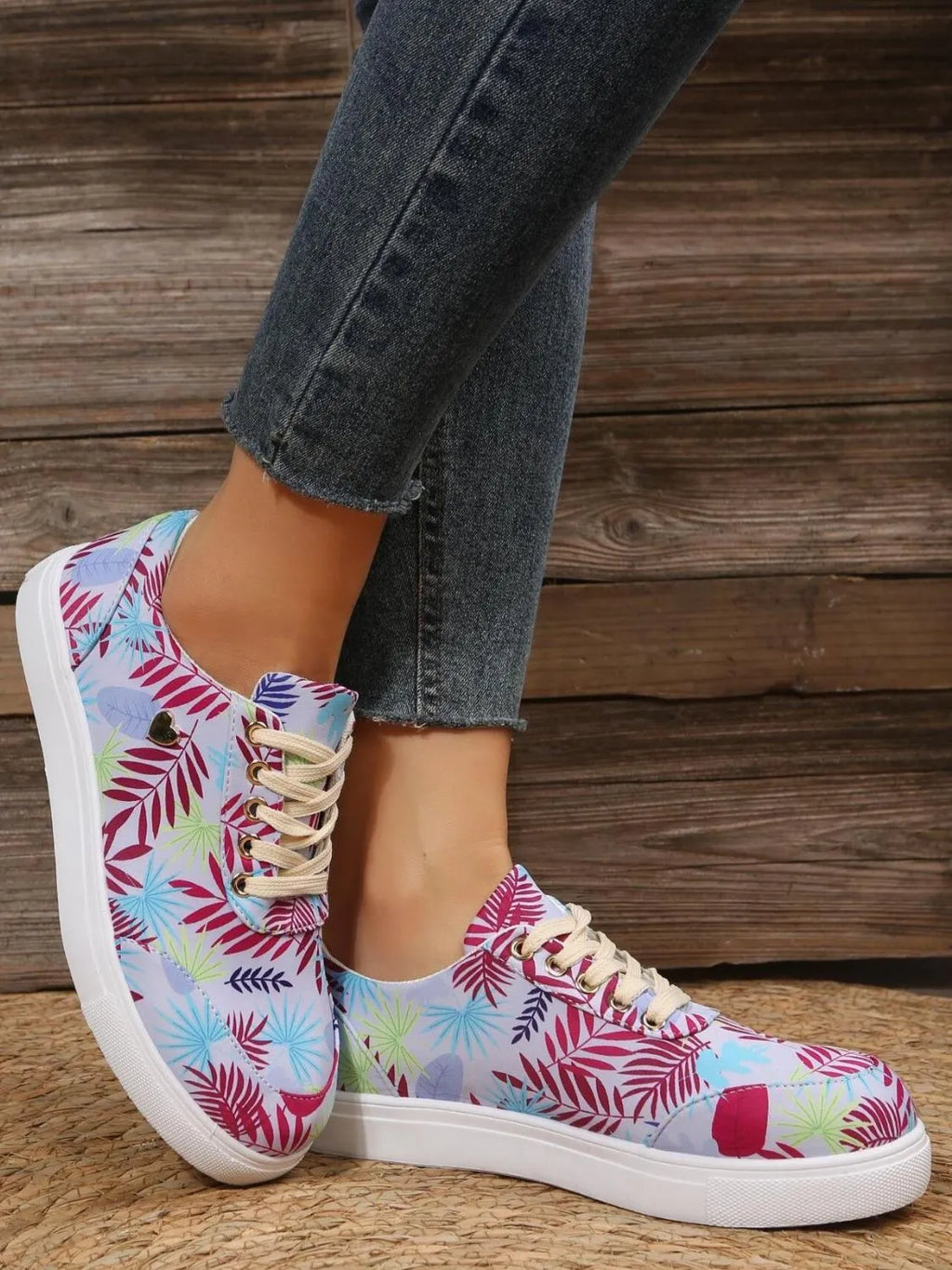 Tropical Leaf Print Canvas Sneakers