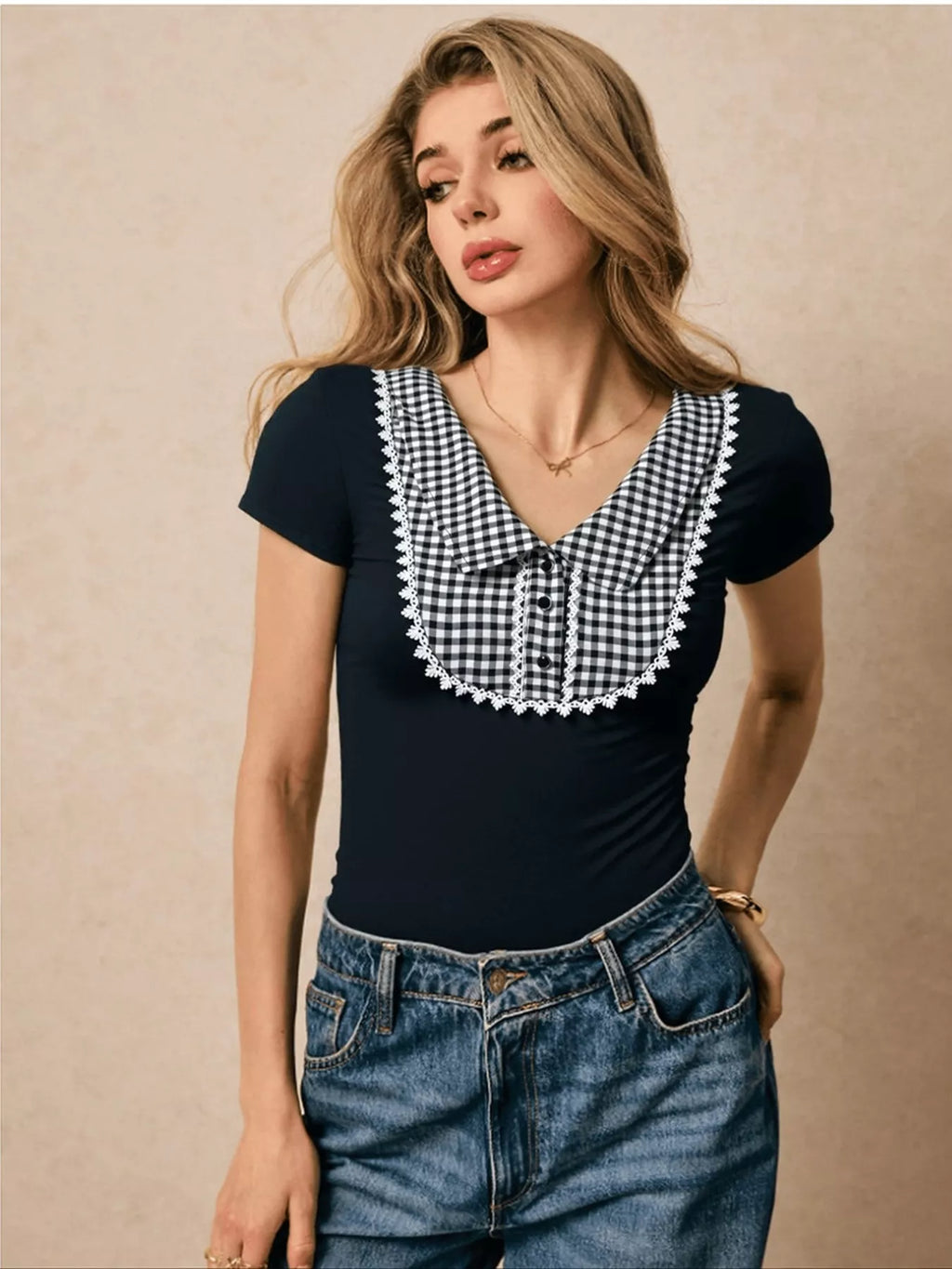 Gingham Collar Slim Fit Blouse