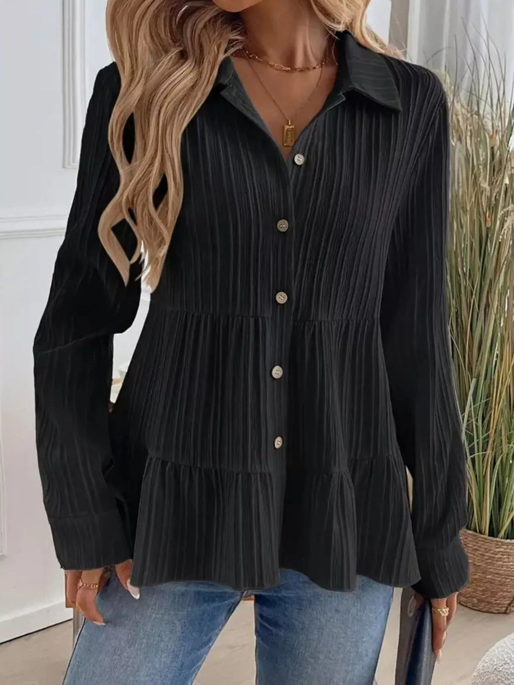Button-Down Long Sleeve Tiered Shirt